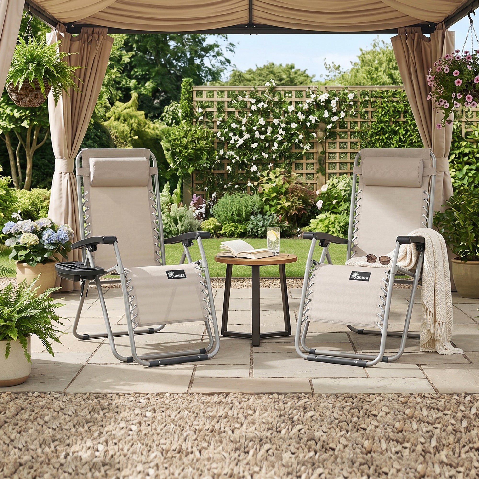 SUNMER Sun Lounger Reclining Garden Chairs with Cup and Phone Holder - Set of 2