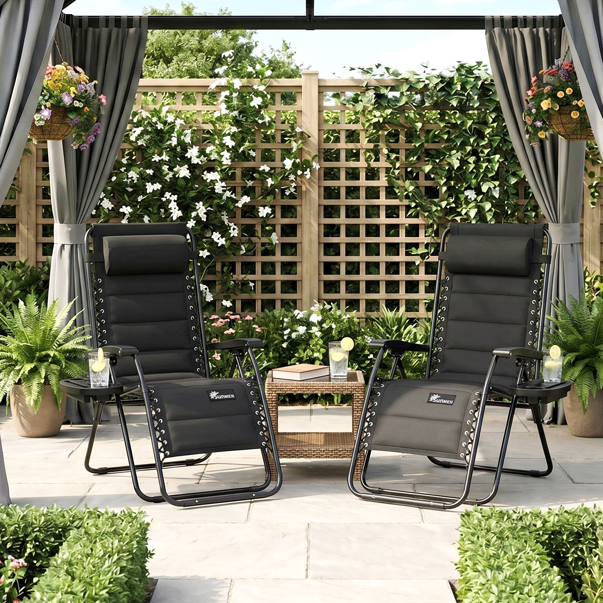 SUNMER Sun Lounger Reclining Garden Chairs with Cup and Phone Holder - Set of 2
