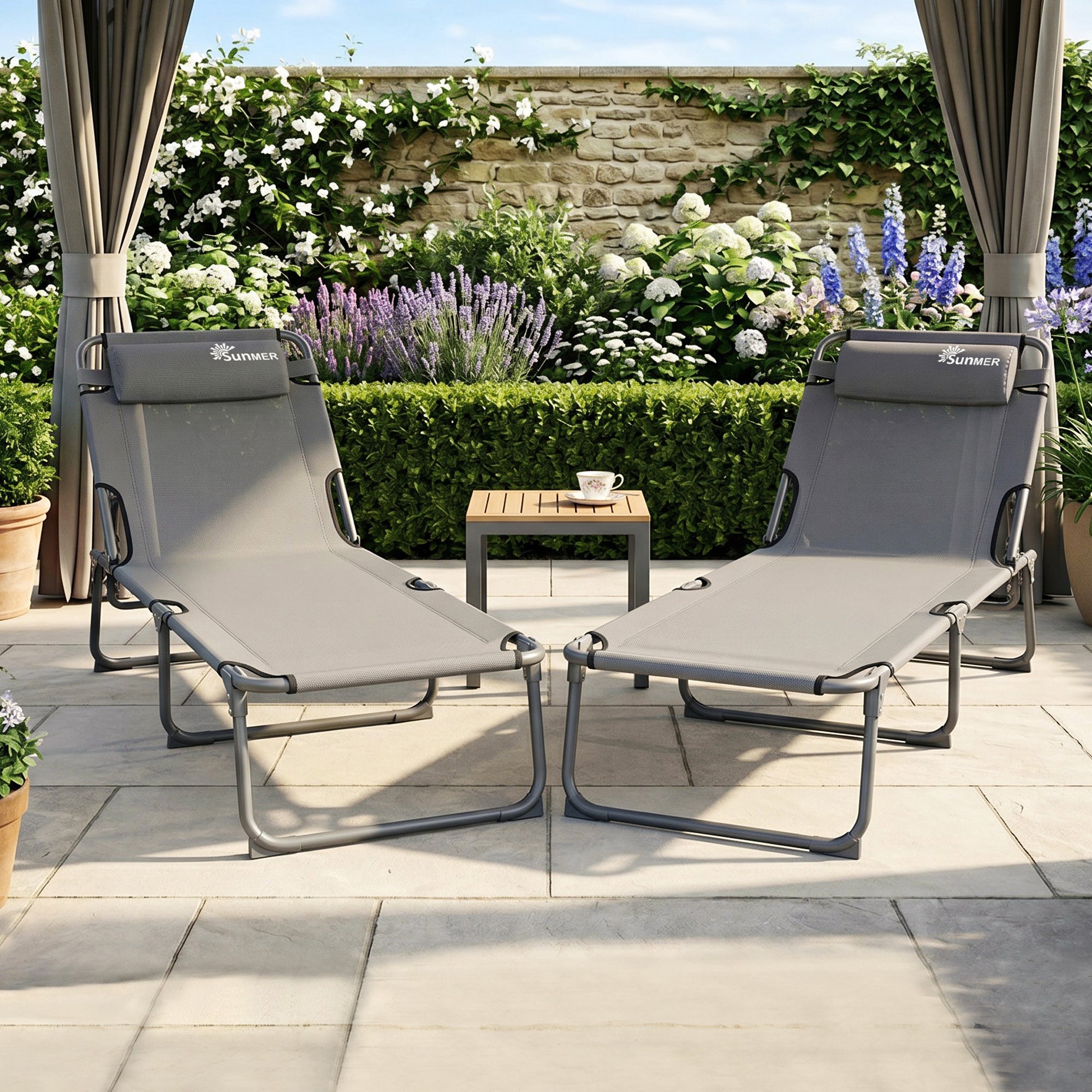 SUNMER Set of 2 Reclining Sun Loungers – Folding Garden Sunbeds with Adjustable Backrest