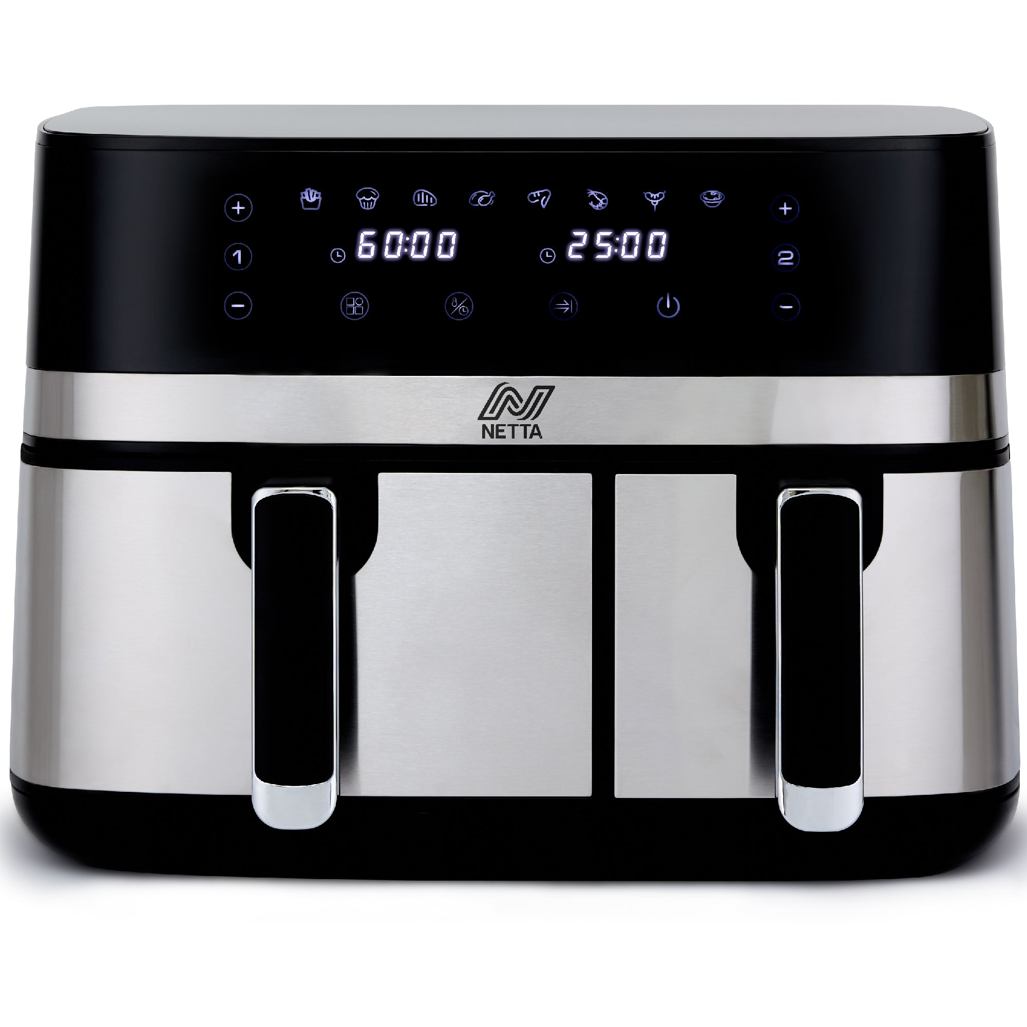 NETTA Dual Basket Air Fryer with LED Touch Screen Display, 8 Cooking Pre-Sets and Timer - Dishwasher Safe