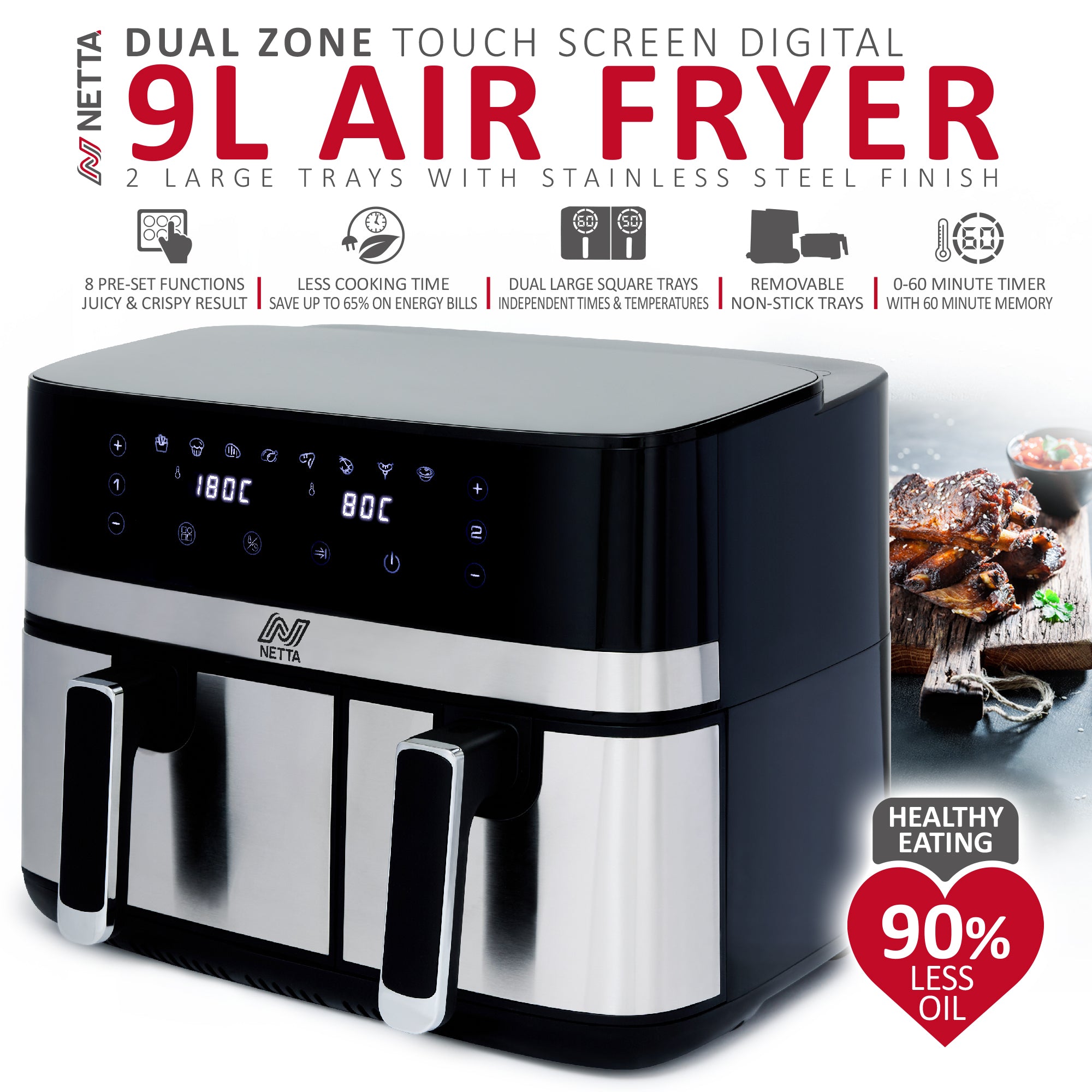 NETTA Dual Basket Air Fryer with LED Touch Screen Display, 8 Cooking Pre-Sets and Timer - Dishwasher Safe