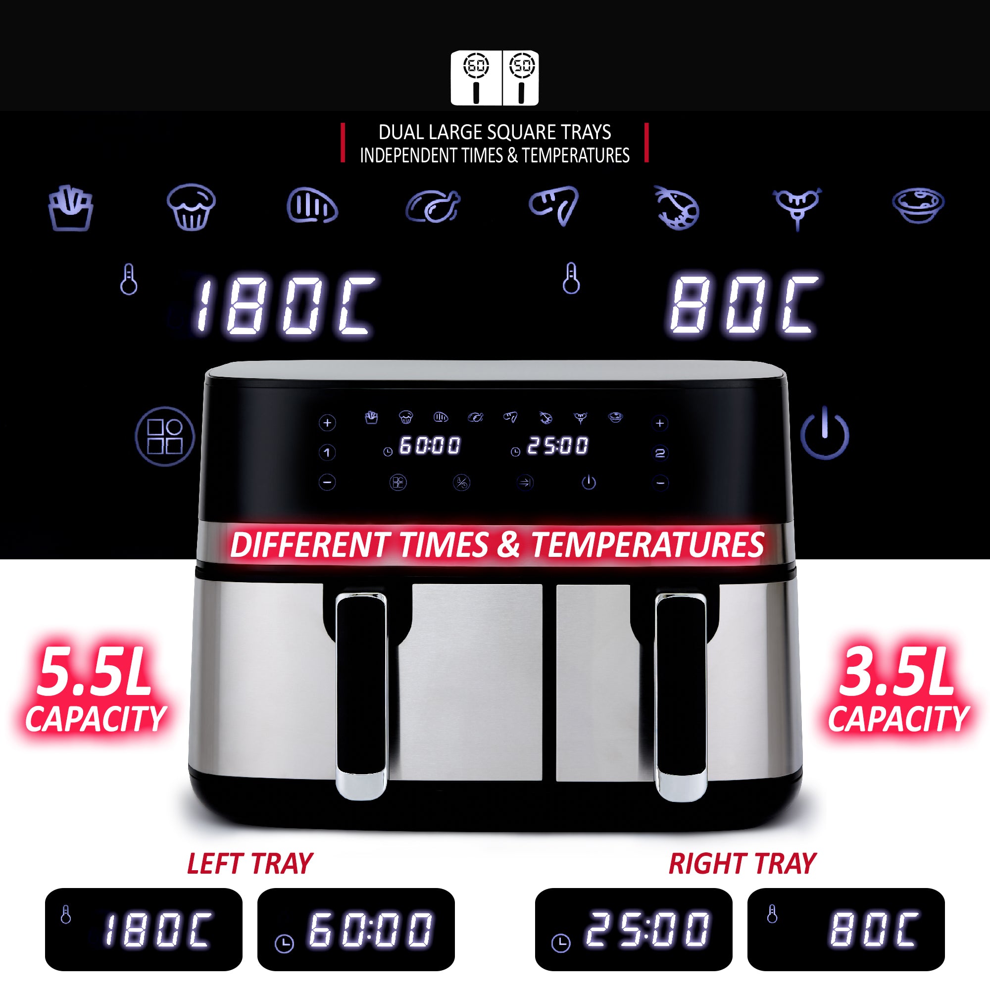 NETTA Dual Basket Air Fryer with LED Touch Screen Display, 8 Cooking Pre-Sets and Timer - Dishwasher Safe