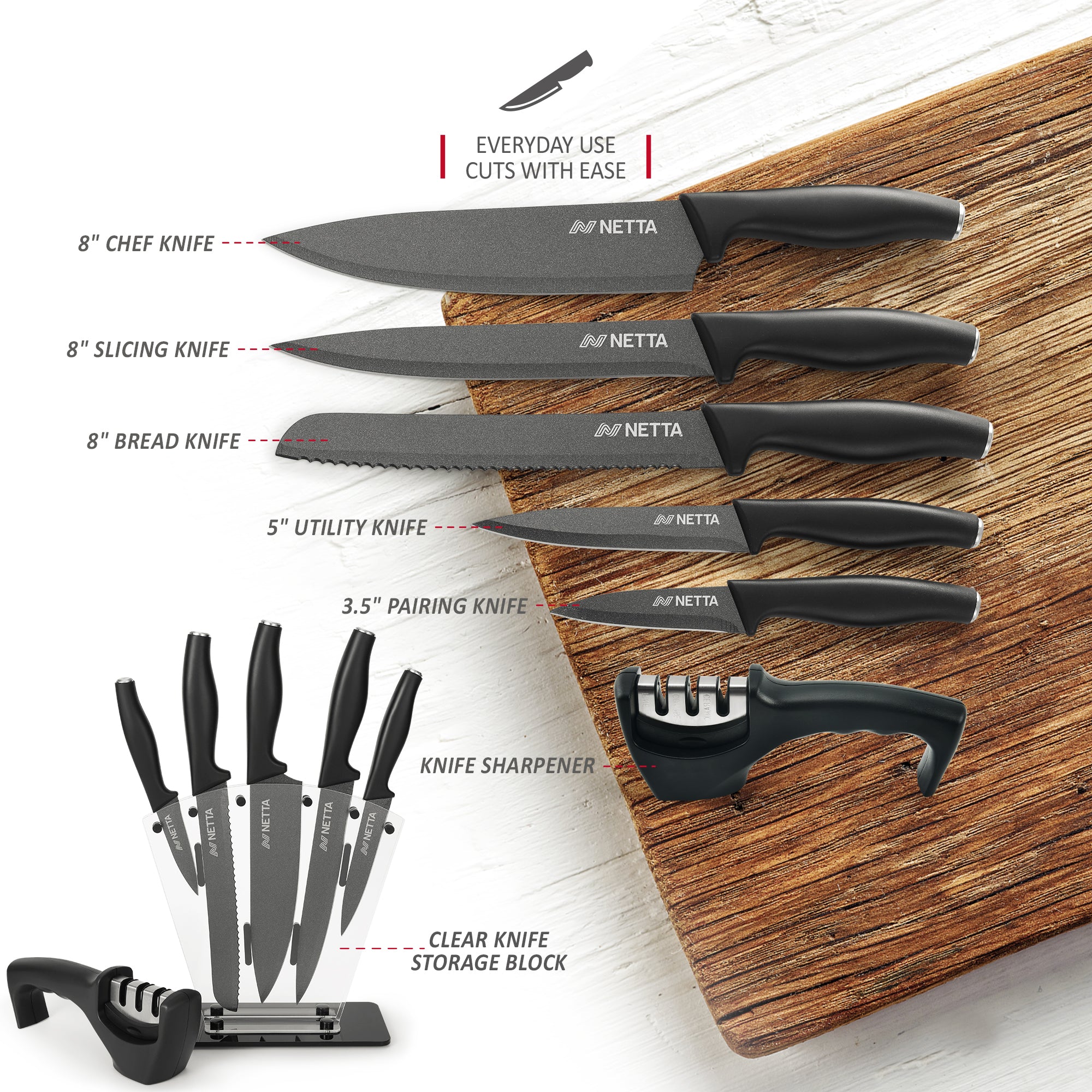 NETTA 6 Piece Stainless Steel Knife Set with Clear Storage Block - Black