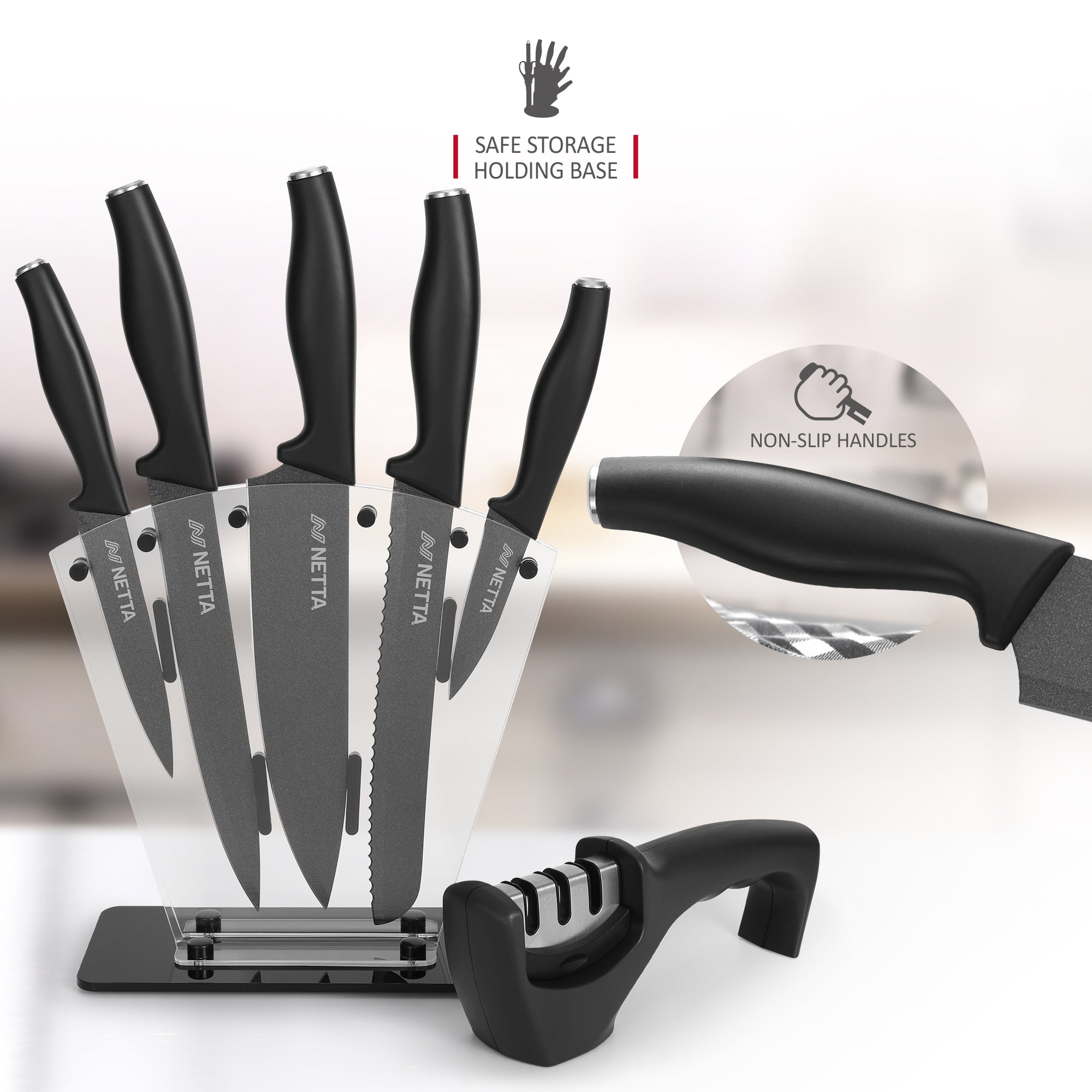 NETTA 6 Piece Stainless Steel Knife Set with Clear Storage Block - Black