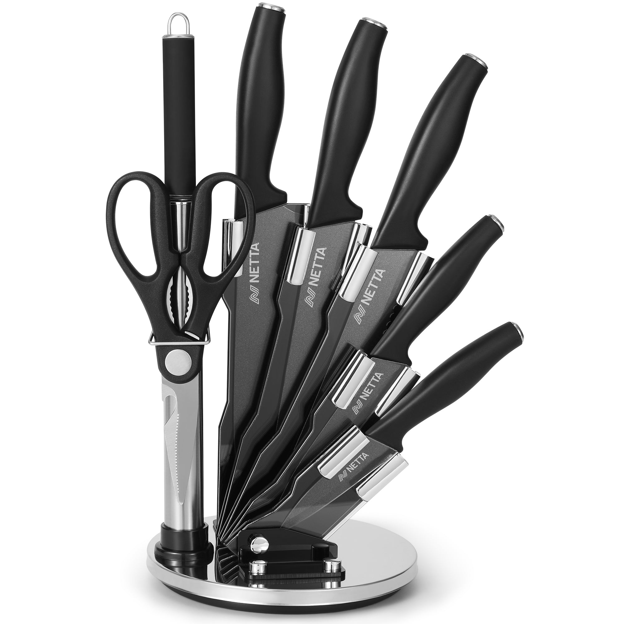 NETTA 7 Piece Stainless Steel Knife Set with Block - Black
