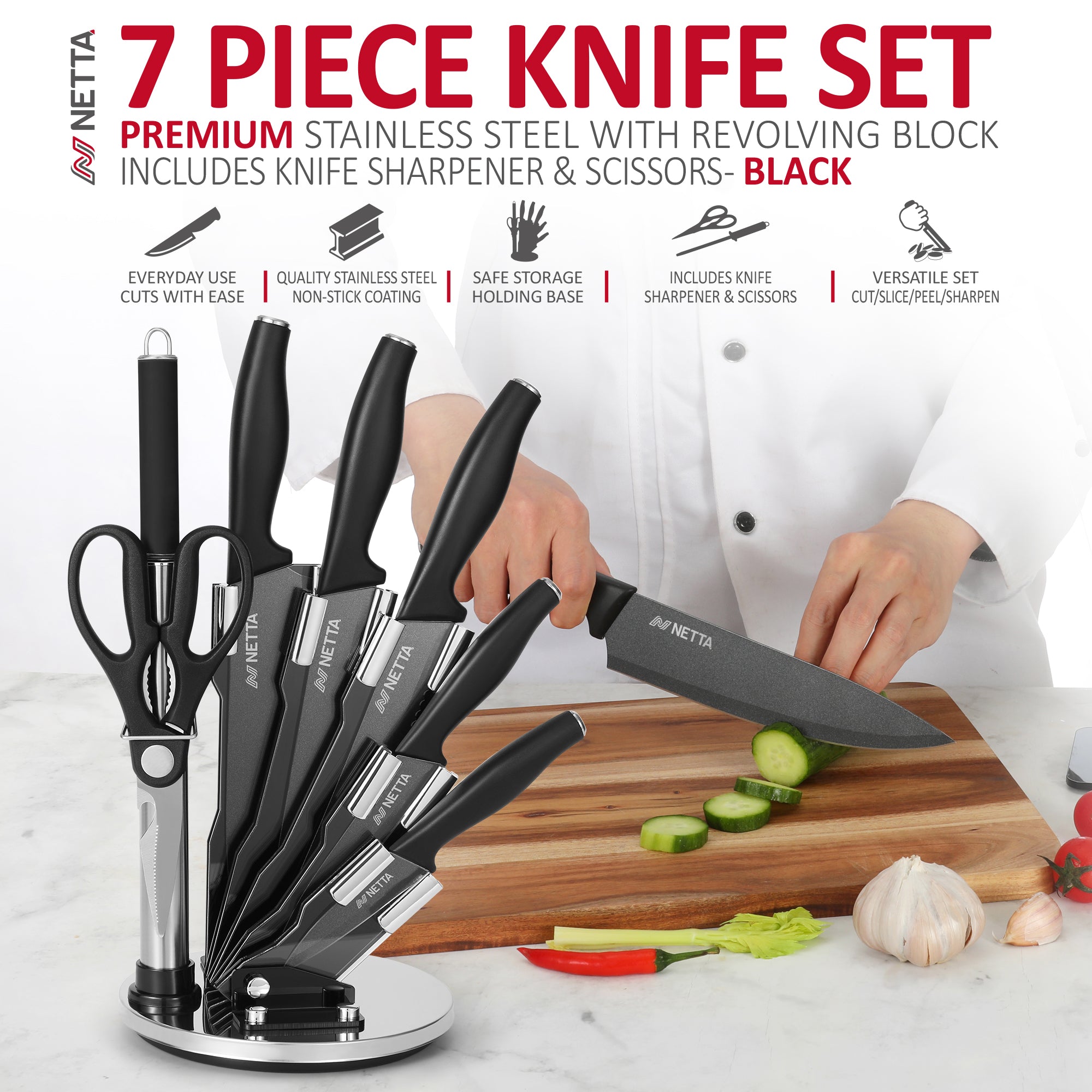 NETTA 7 Piece Stainless Steel Knife Set with Block - Black