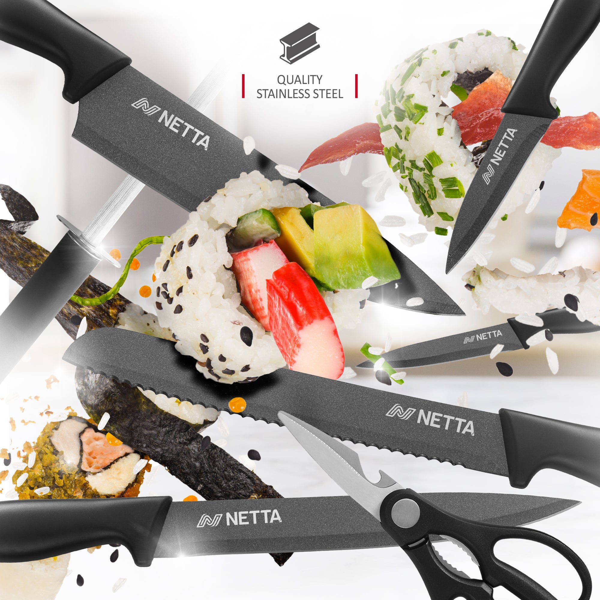 NETTA 7 Piece Stainless Steel Knife Set with Block - Black