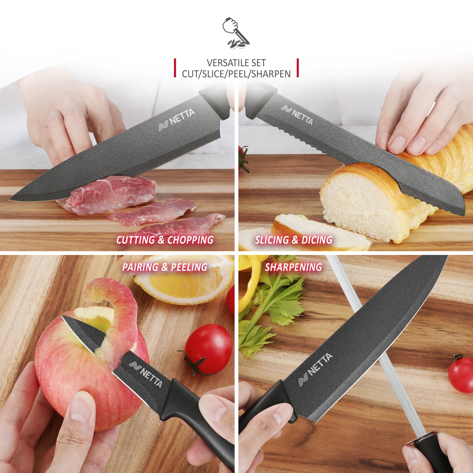 NETTA 7 Piece Stainless Steel Knife Set with Block - Black