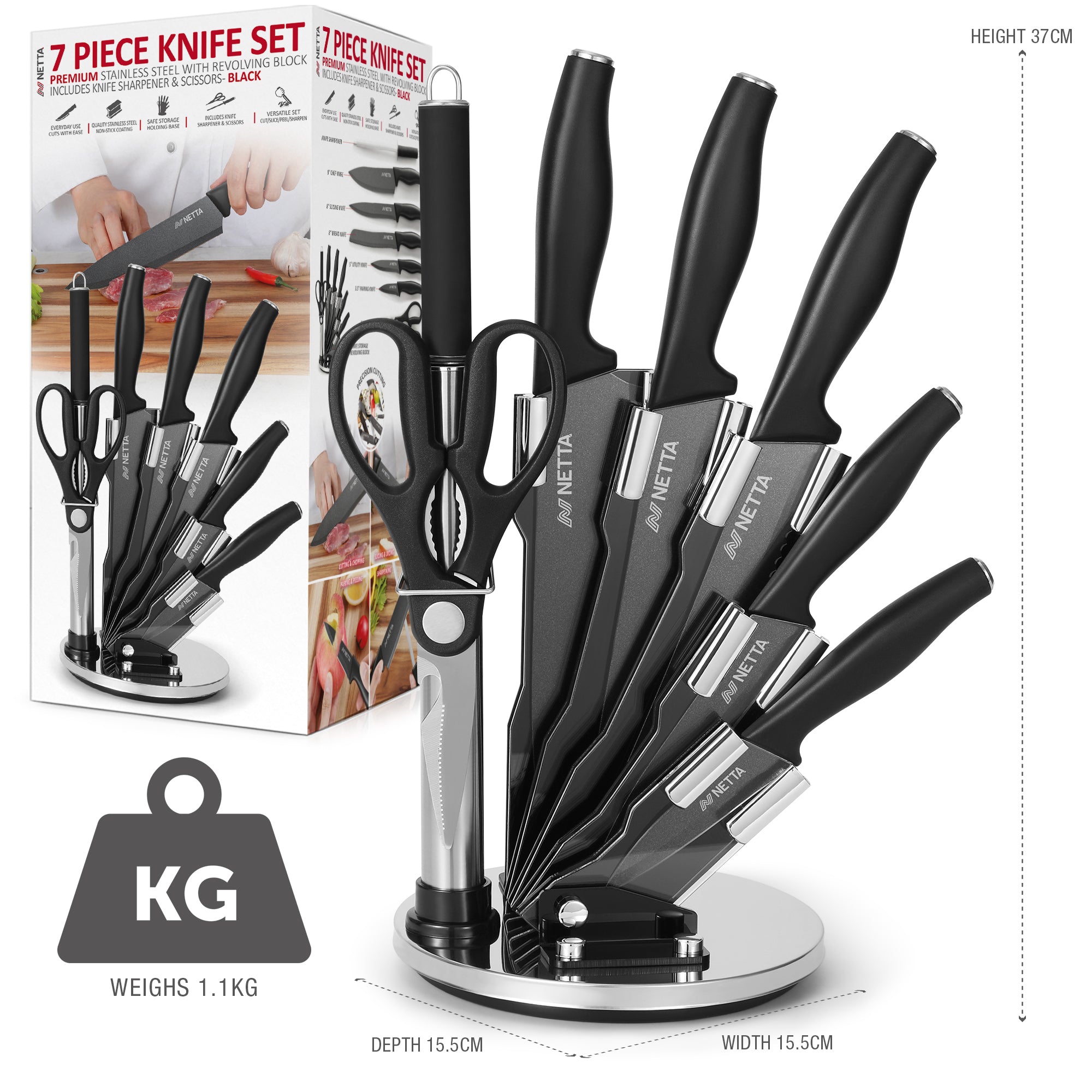 NETTA 7 Piece Stainless Steel Knife Set with Block - Black