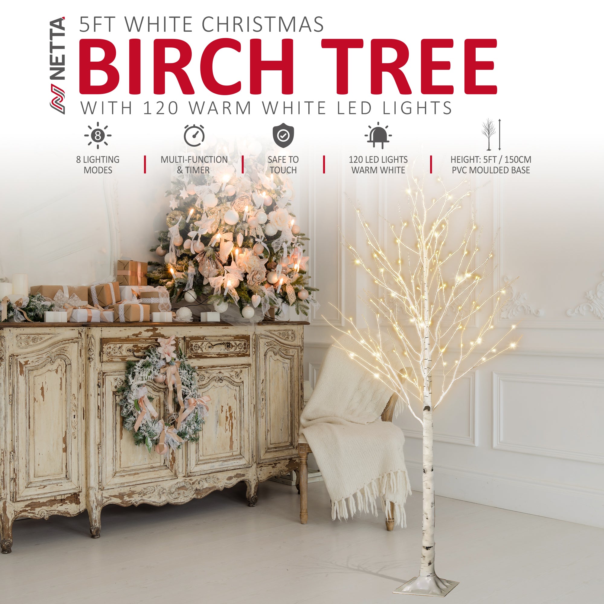 NETTA Pre-Lit Birch Tree with Warm White LEDs - White