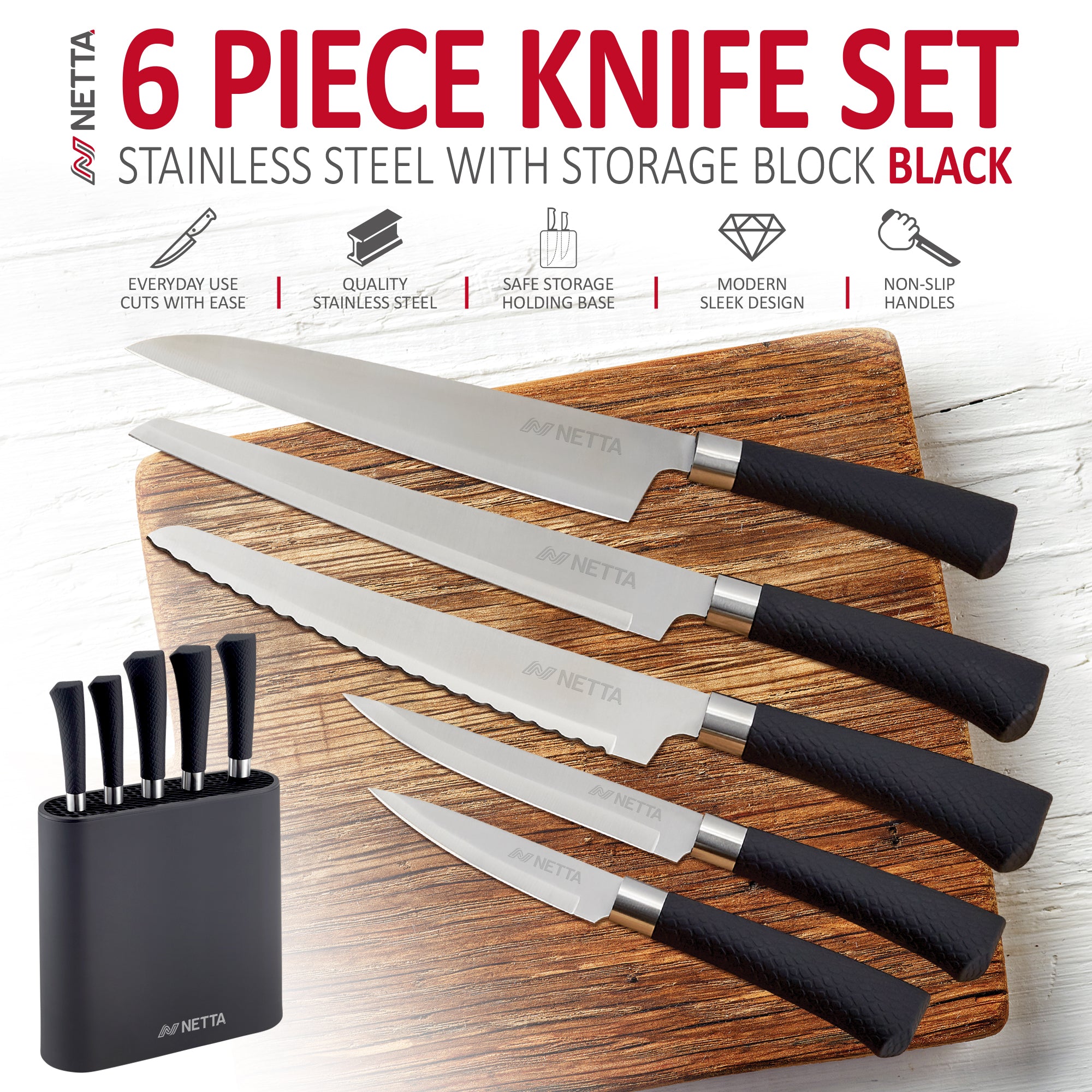 NETTA 6 Piece Knife Set With Block