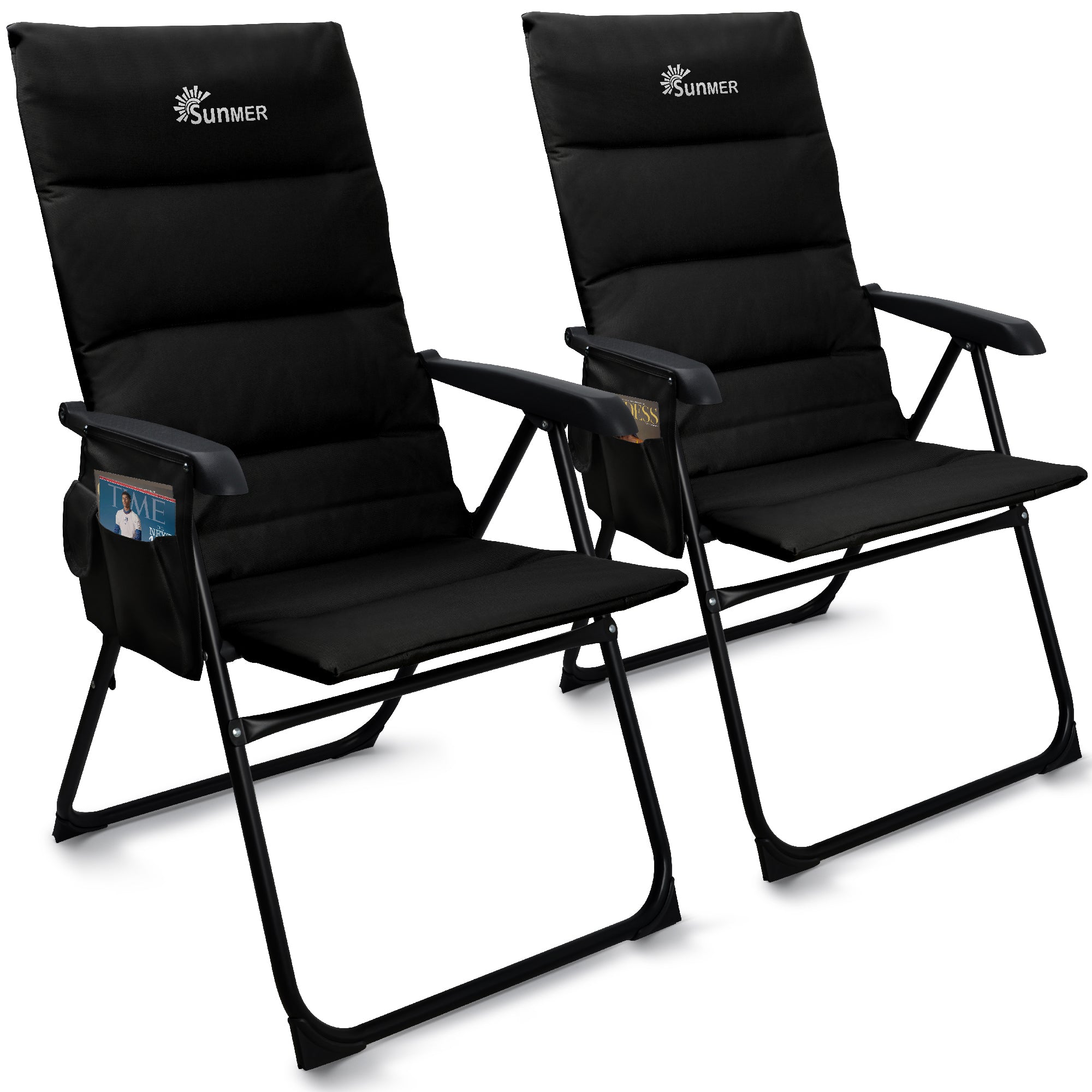 SUNMER Set of 2 High Back Folding Padded Deck Chairs with 5 Reclining Positions
