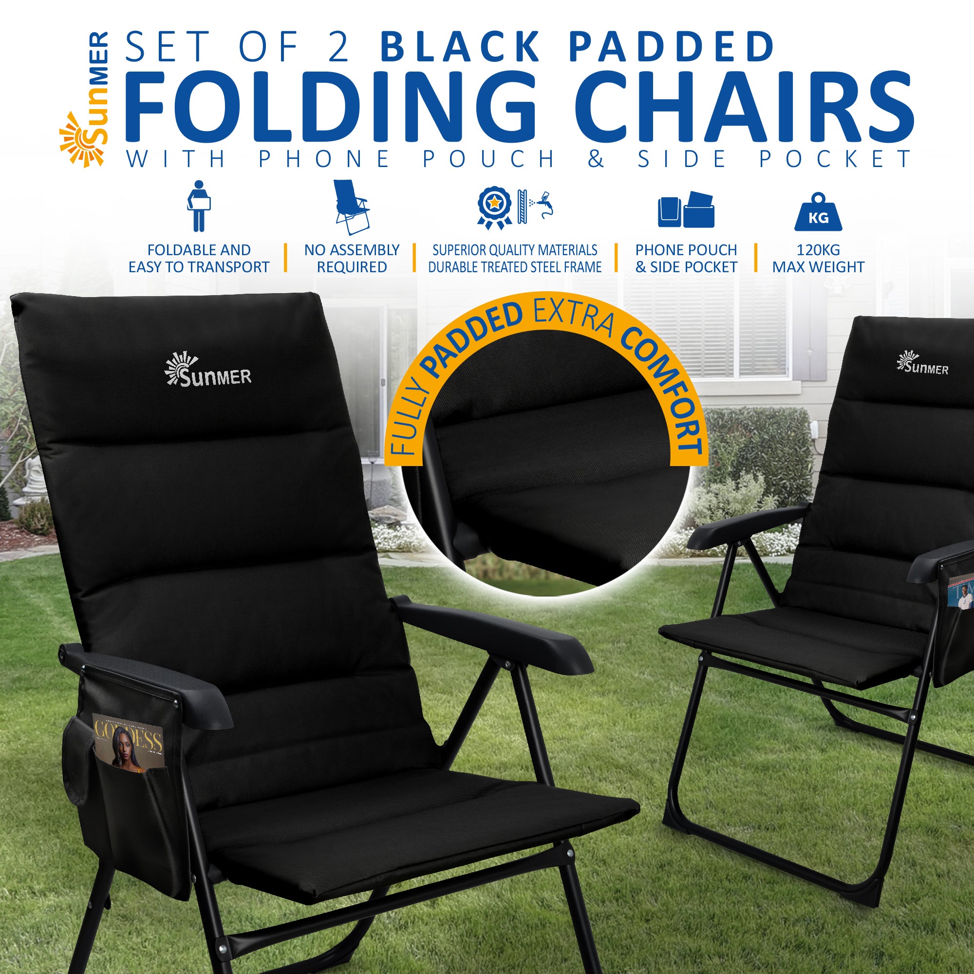 SUNMER Set of 2 High Back Folding Padded Deck Chairs with 5 Reclining Positions