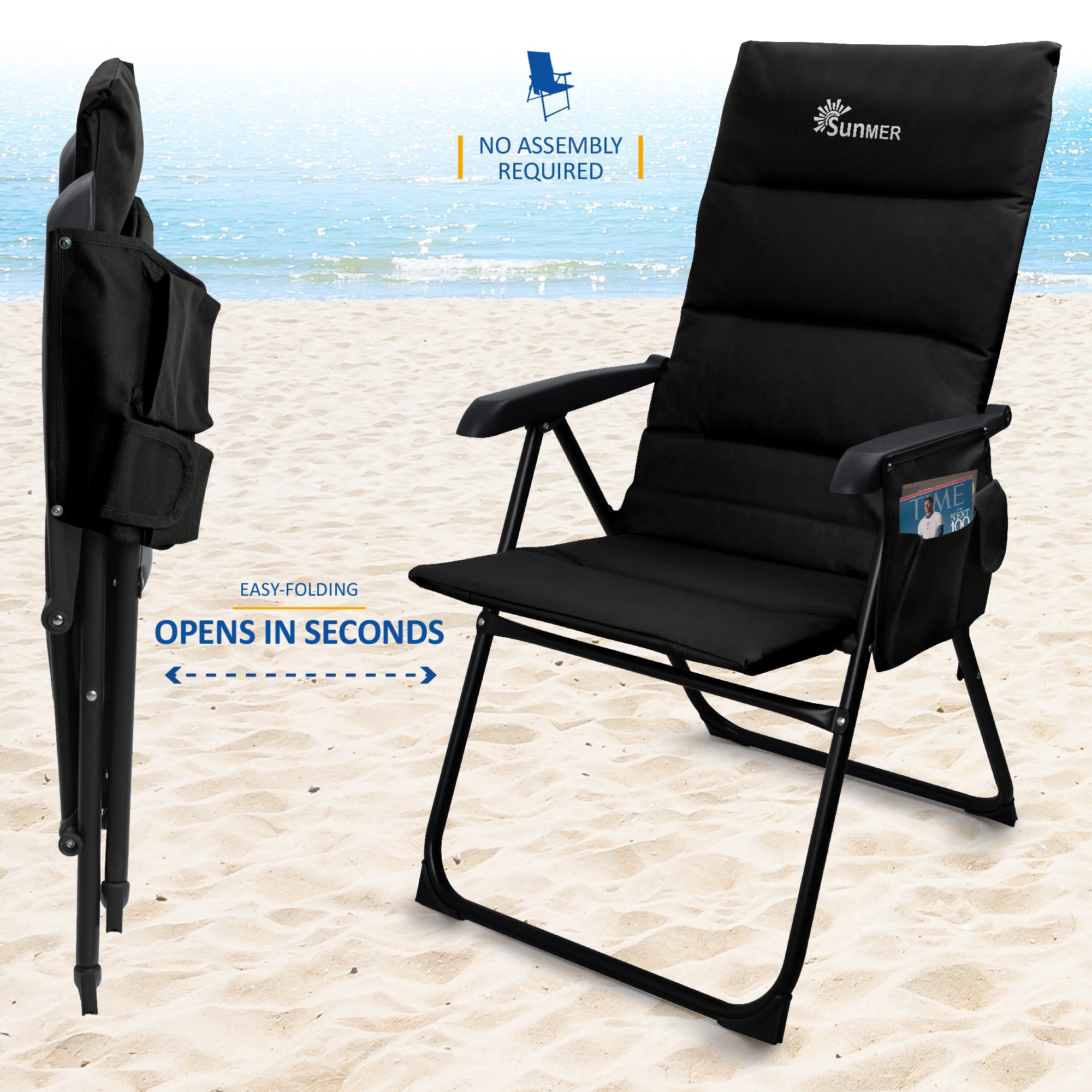 SUNMER Set of 2 High Back Folding Padded Deck Chairs with 5 Reclining Positions