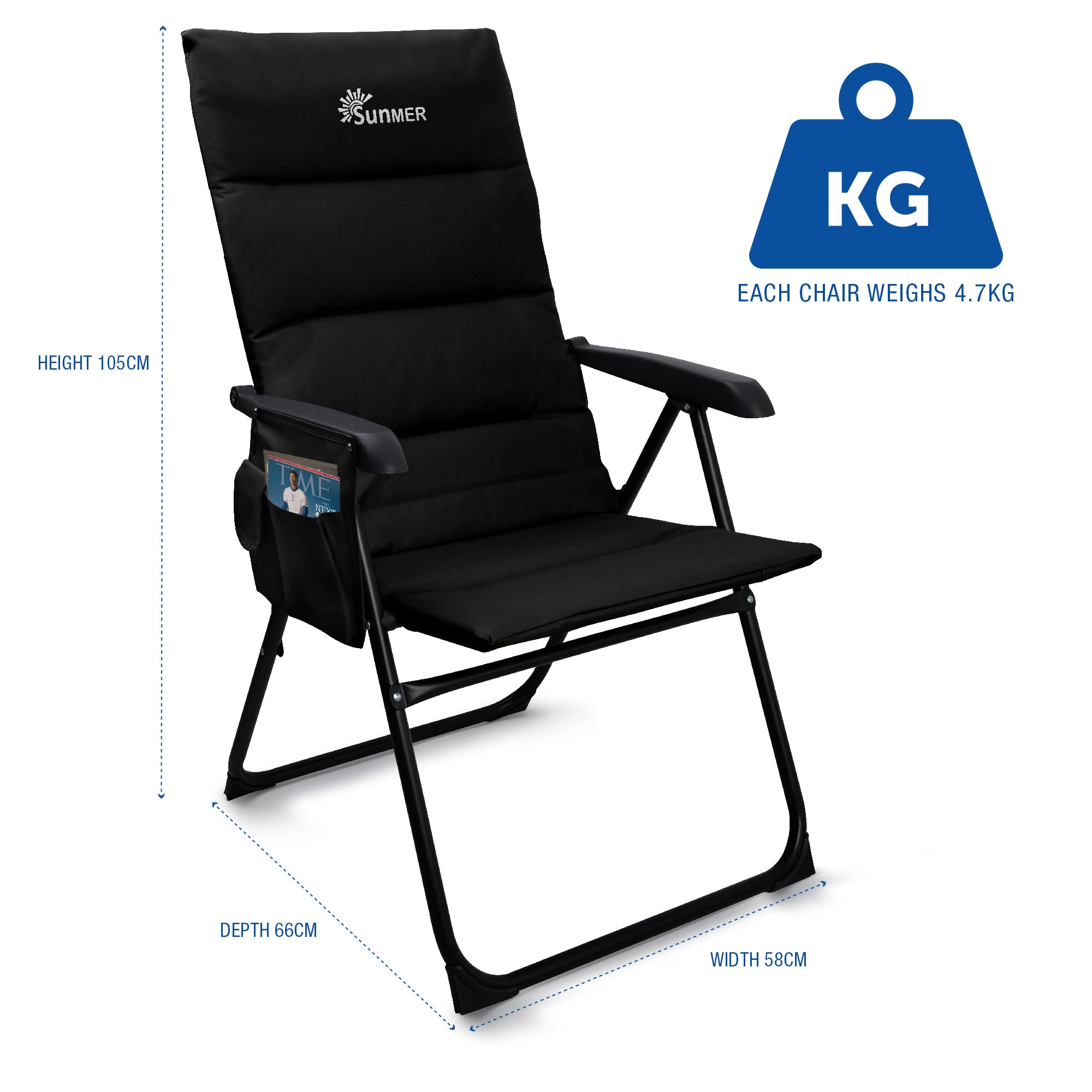 SUNMER Set of 2 High Back Folding Padded Deck Chairs with 5 Reclining Positions