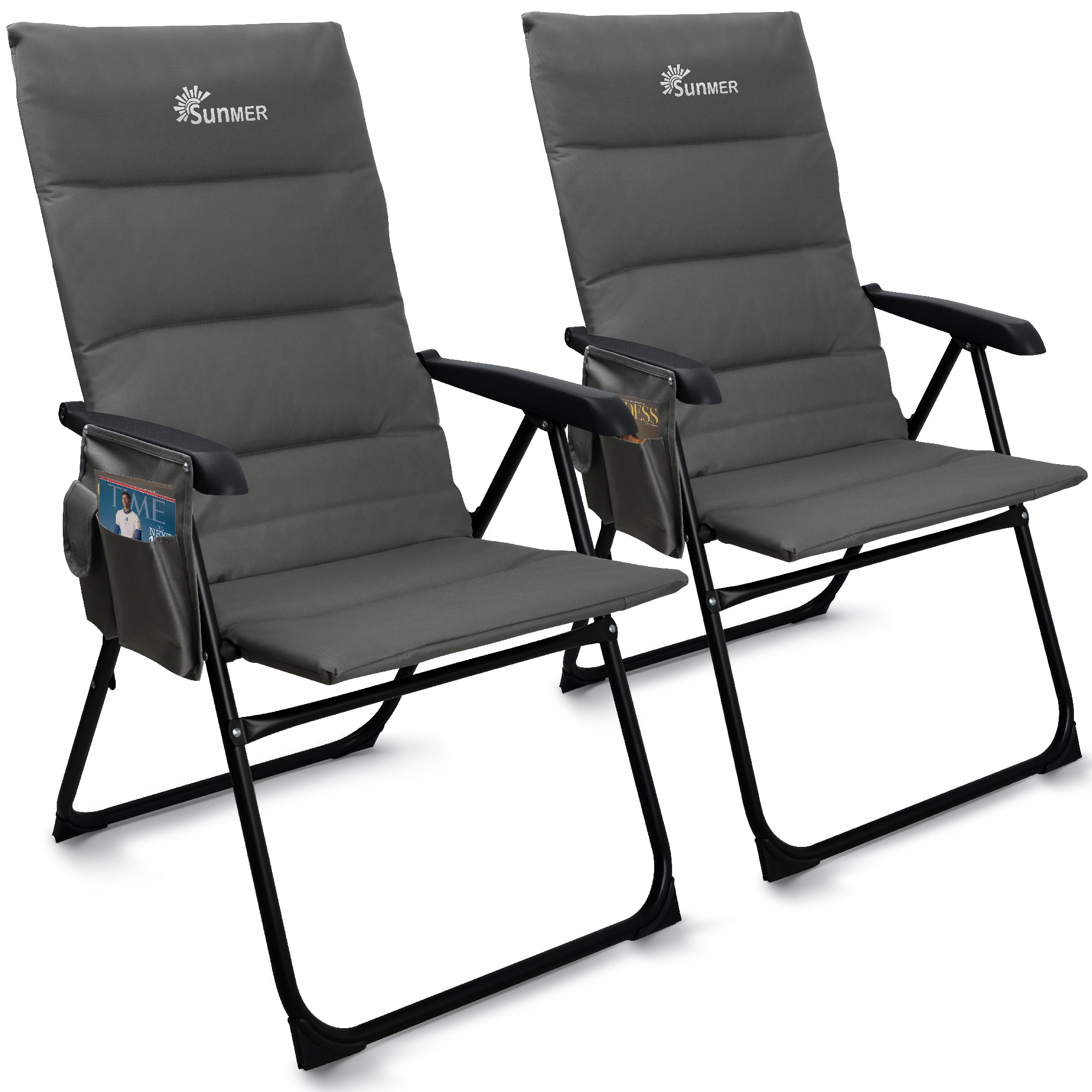 SUNMER Set of 2 High Back Folding Padded Deck Chairs with 5 Reclining Positions