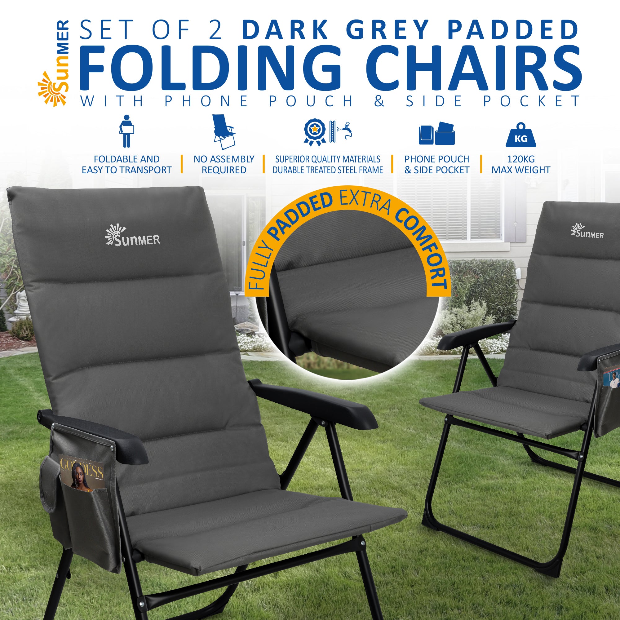 SUNMER Set of 2 High Back Folding Padded Deck Chairs with 5 Reclining Positions