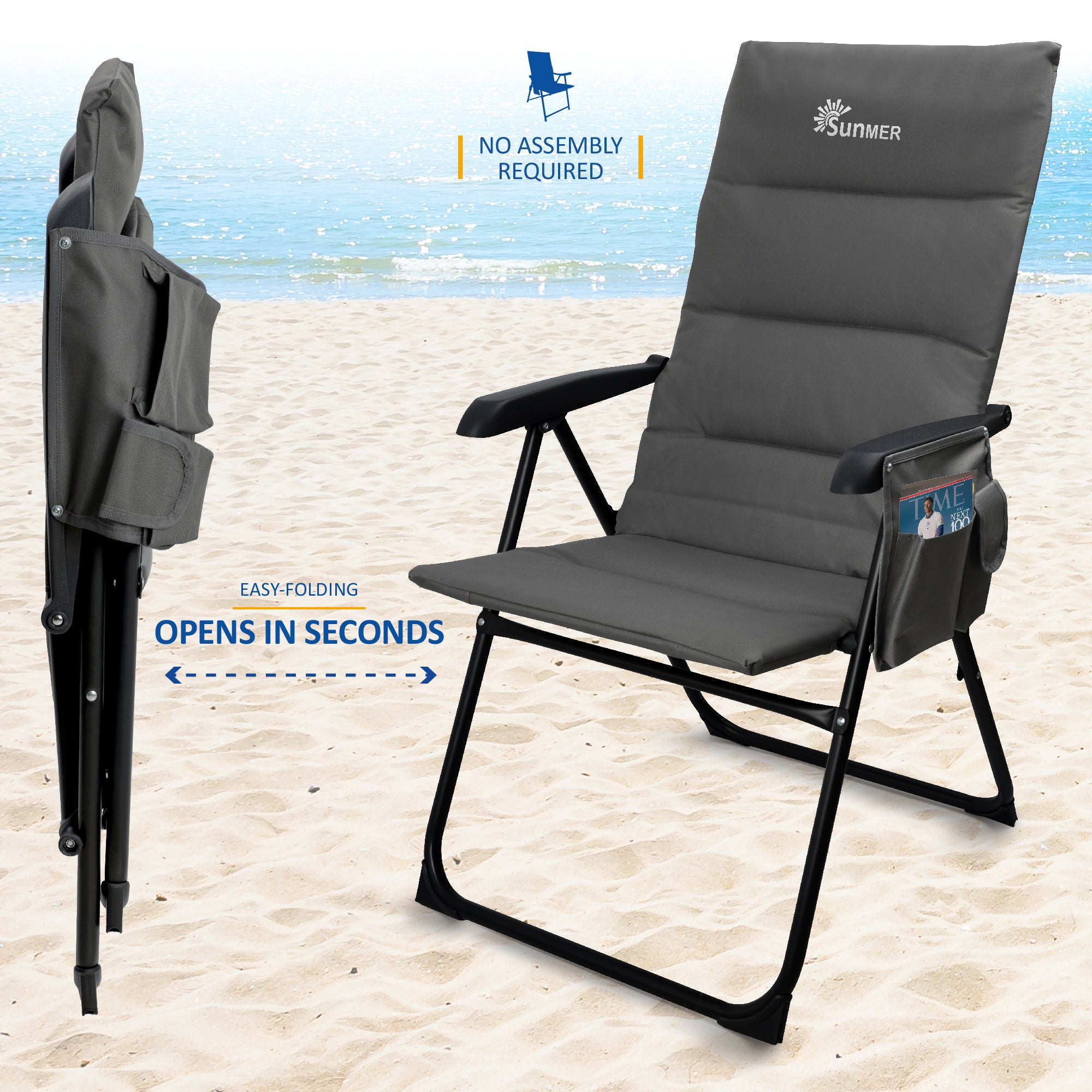 SUNMER Set of 2 High Back Folding Padded Deck Chairs with 5 Reclining Positions