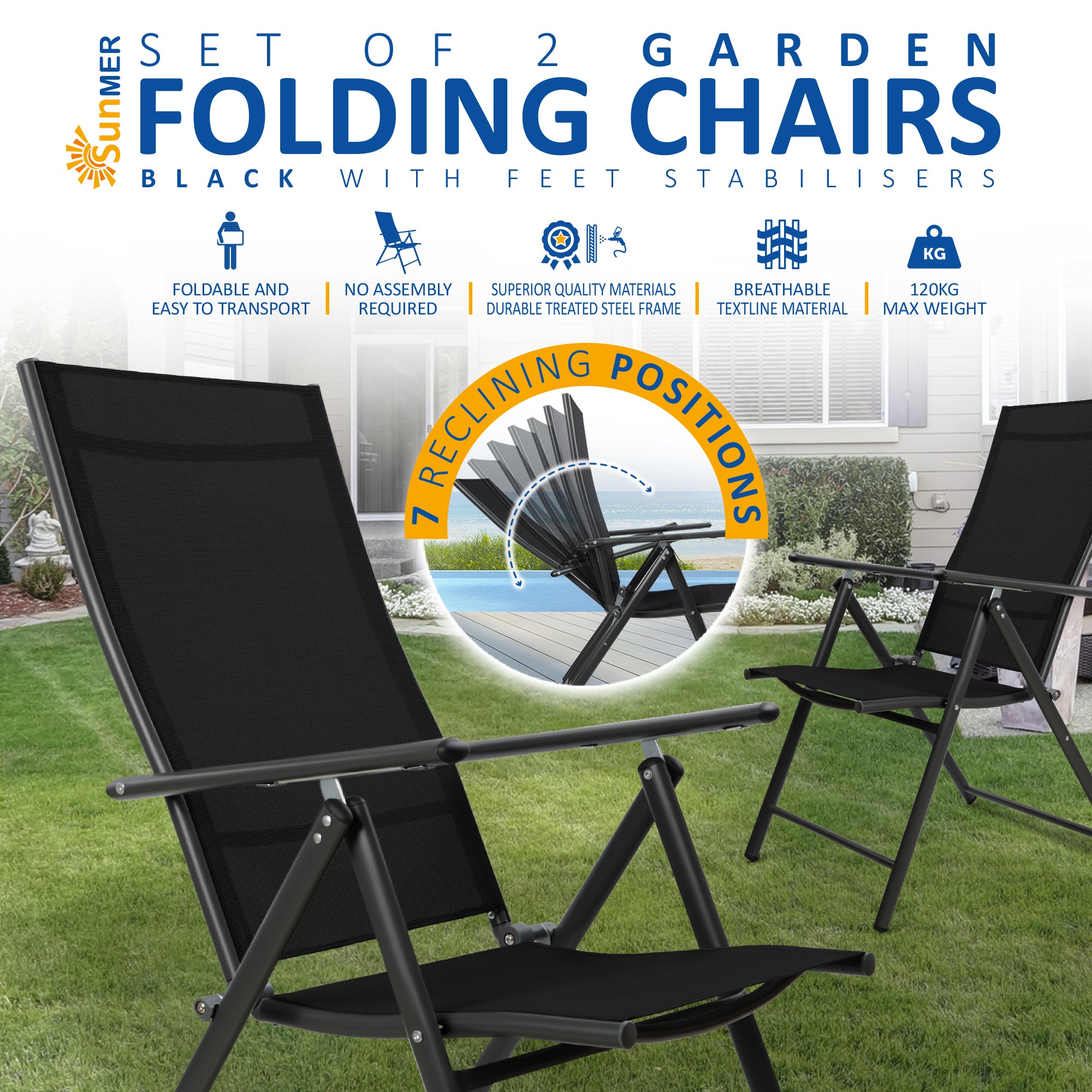 SUNMER Set of 2 Folding Garden Chairs with 7 Reclining Positions