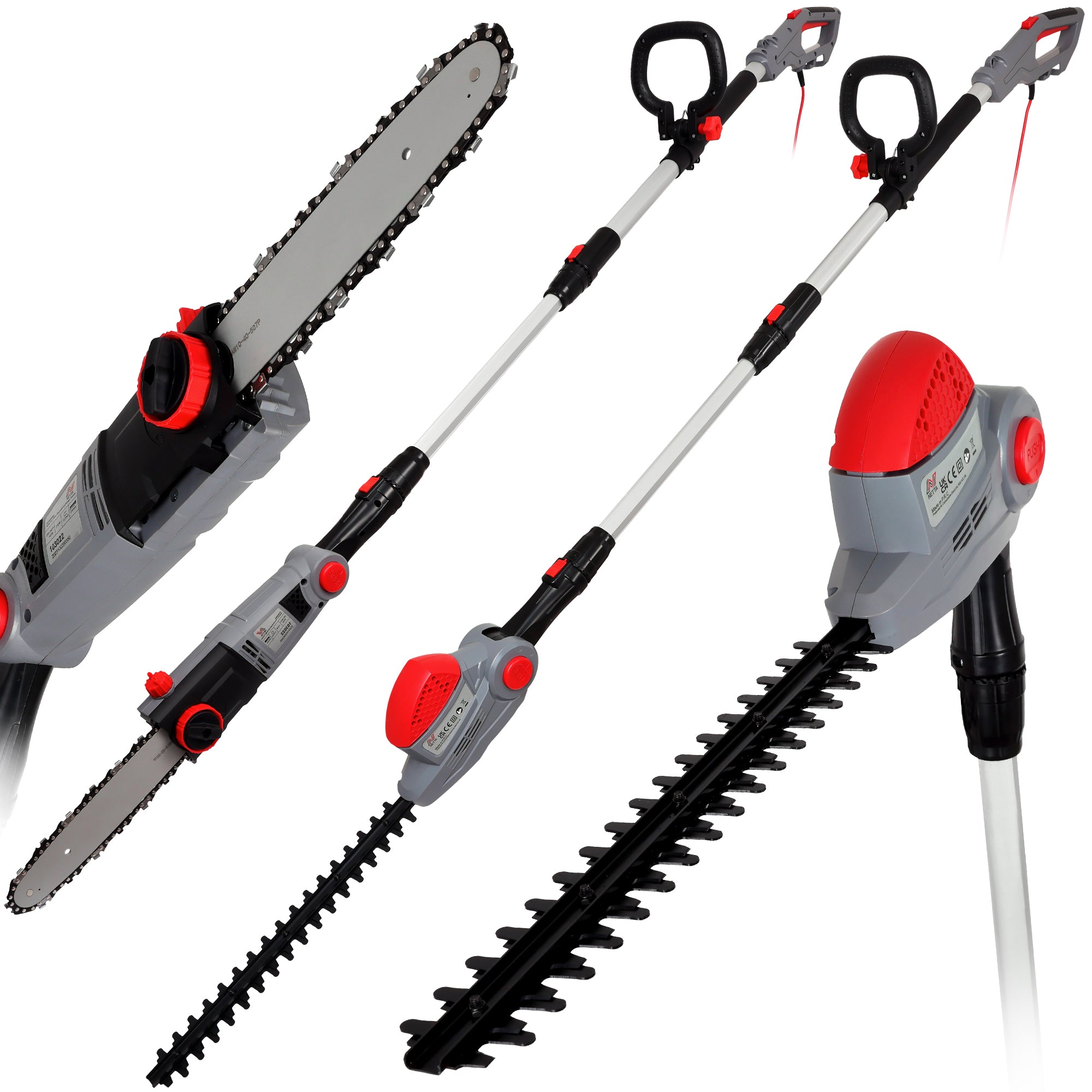NETTA 2 in 1 Pole Long Reach Hedge Timmer and Chainsaw 710W with Extendable 2.7m Telescopic, Adjustable Head and 10m Cable