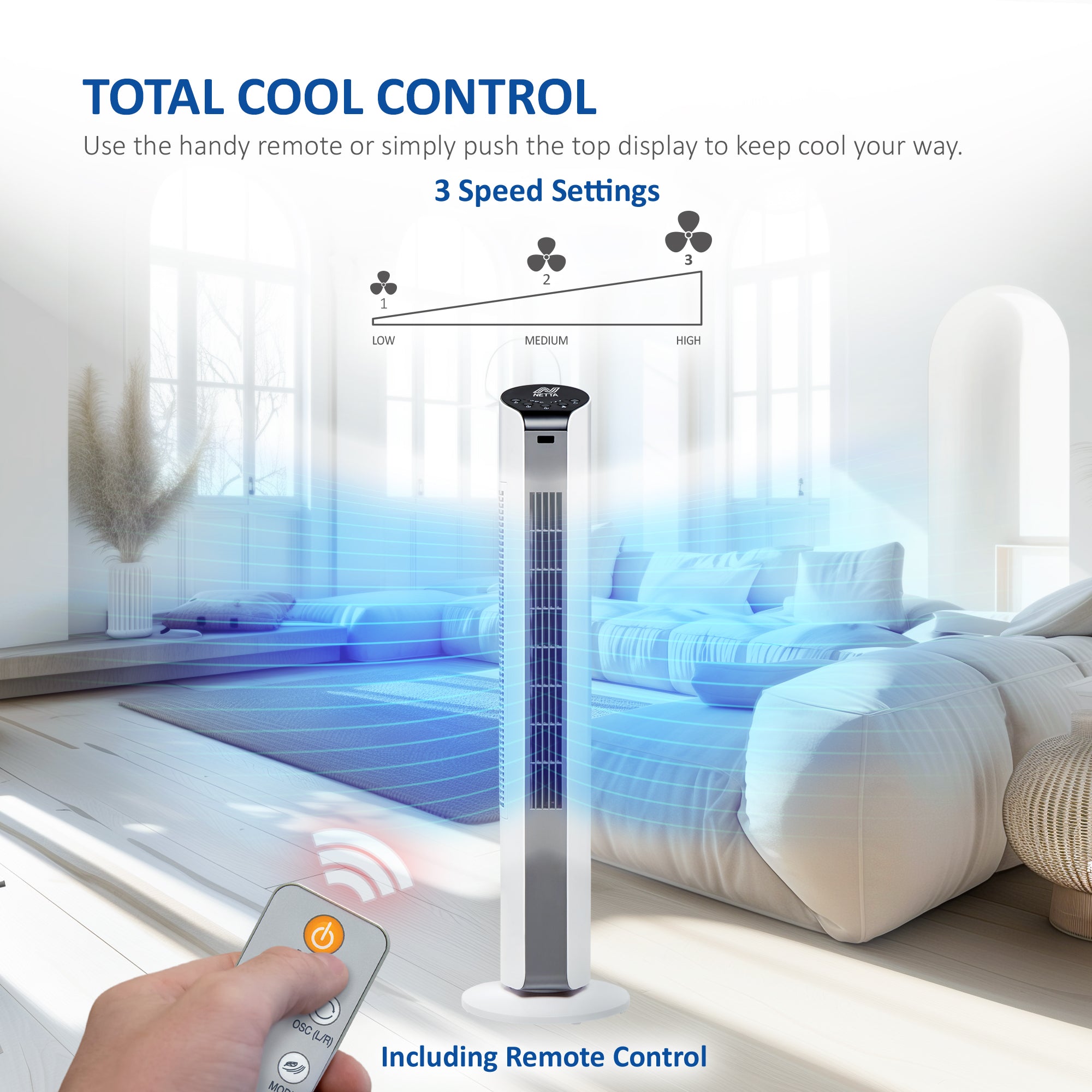 NETTA 32 Inch Tower Fan With Remote Control, Timer Quiet Cooling for Living Room, Bedroom, Office - White
