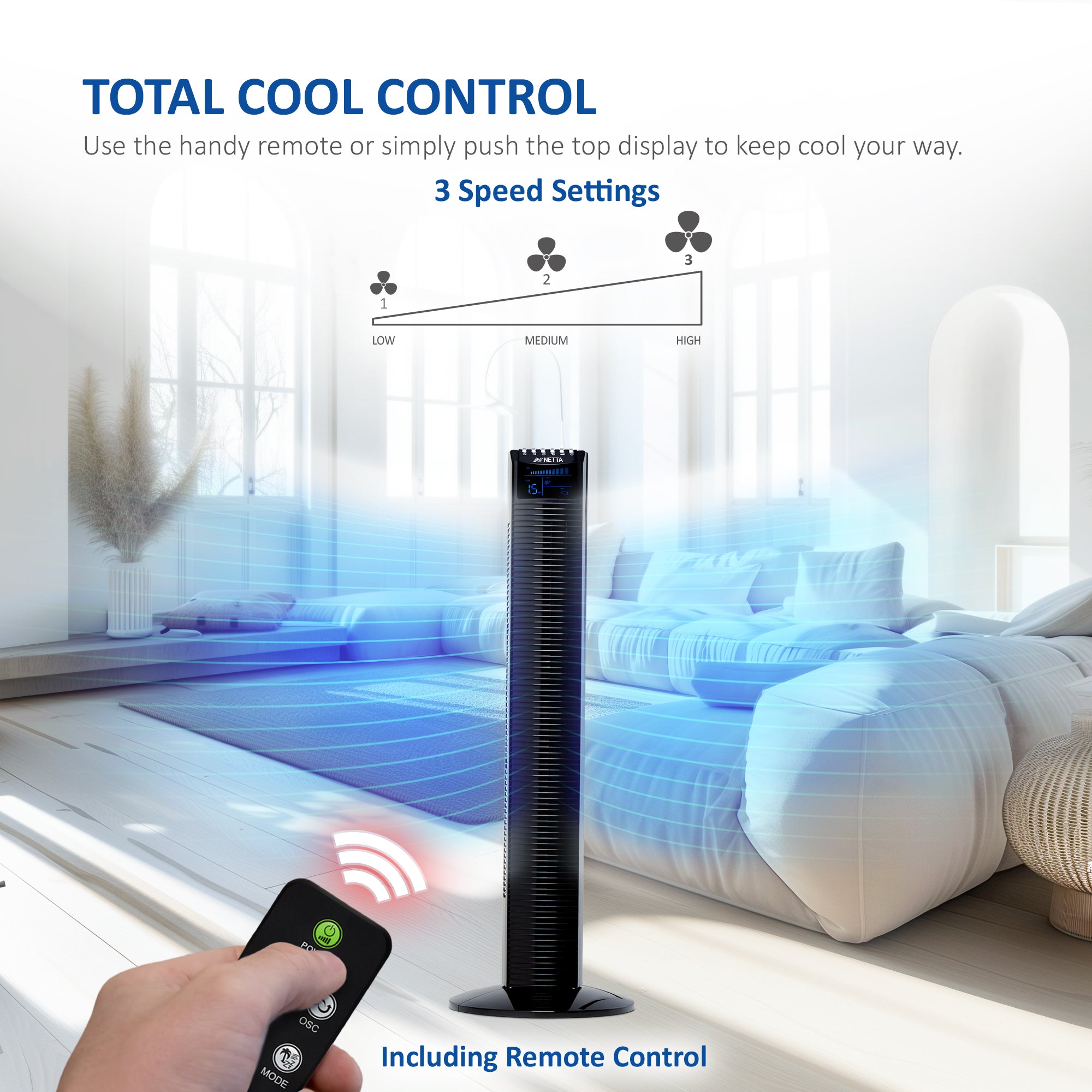 NETTA 36 Inch Tower Fan With Remote Control, Timer Quiet Cooling for Living Room, Bedroom, Office - Black