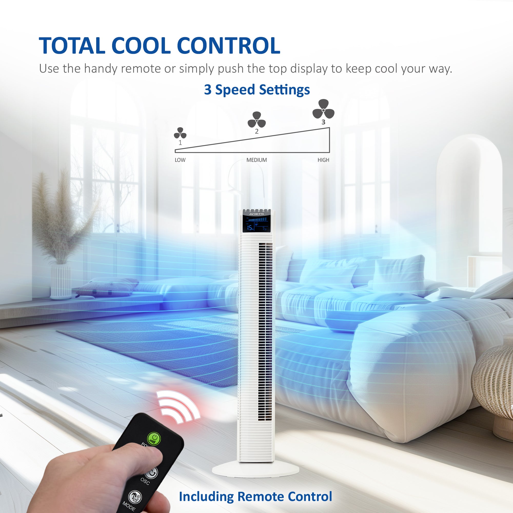 NETTA 36 Inch Tower Fan with 8-Hour Timer - White