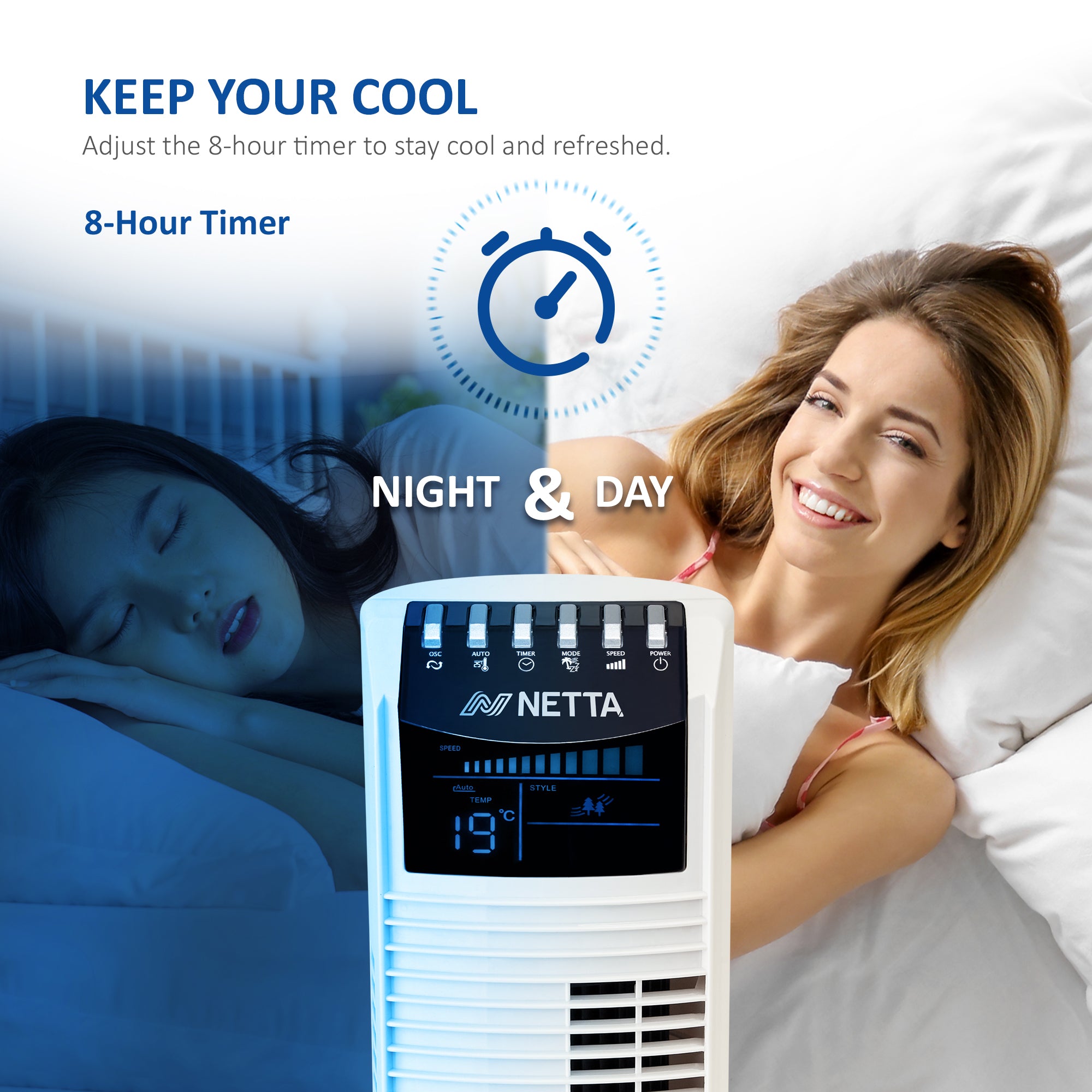 NETTA 36 Inch Tower Fan with 8-Hour Timer - White