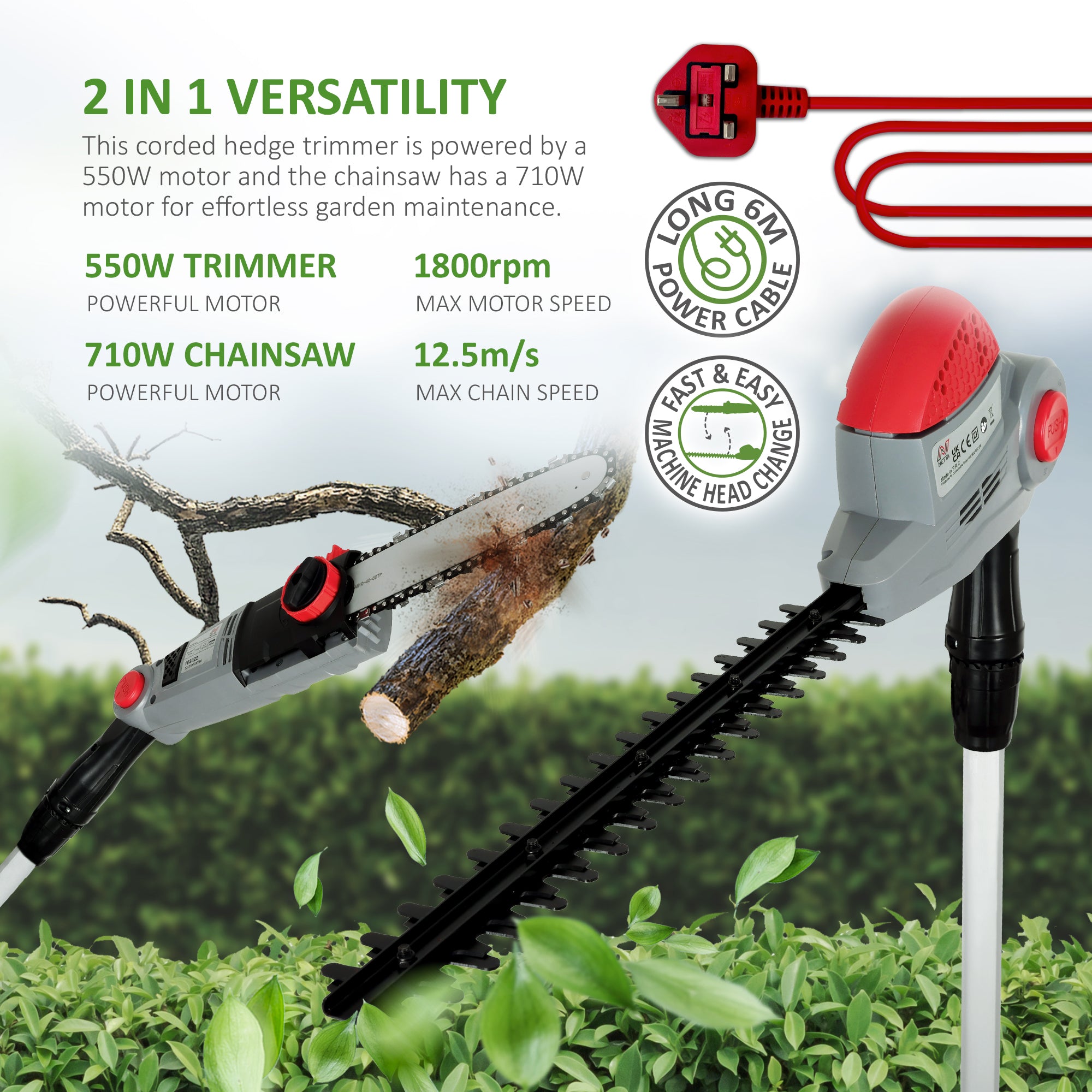 NETTA 2 in 1 Pole Long Reach Hedge Timmer and Chainsaw 710W with Extendable 2.7m Telescopic, Adjustable Head and 10m Cable