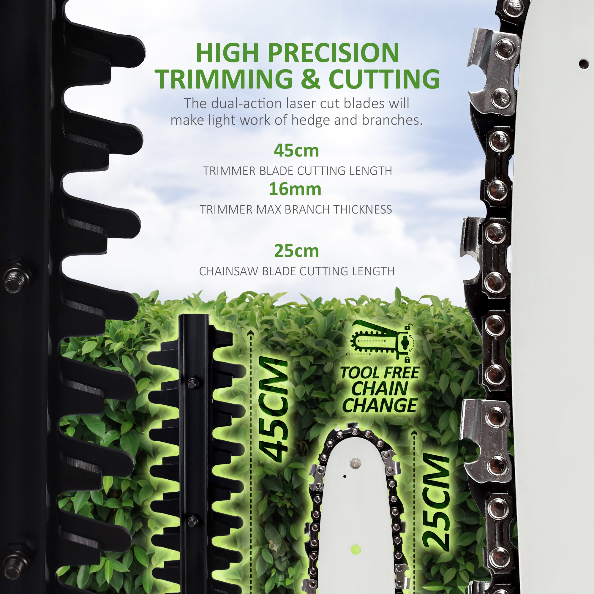 NETTA 2 in 1 Pole Long Reach Hedge Timmer and Chainsaw 710W with Extendable 2.7m Telescopic, Adjustable Head and 10m Cable