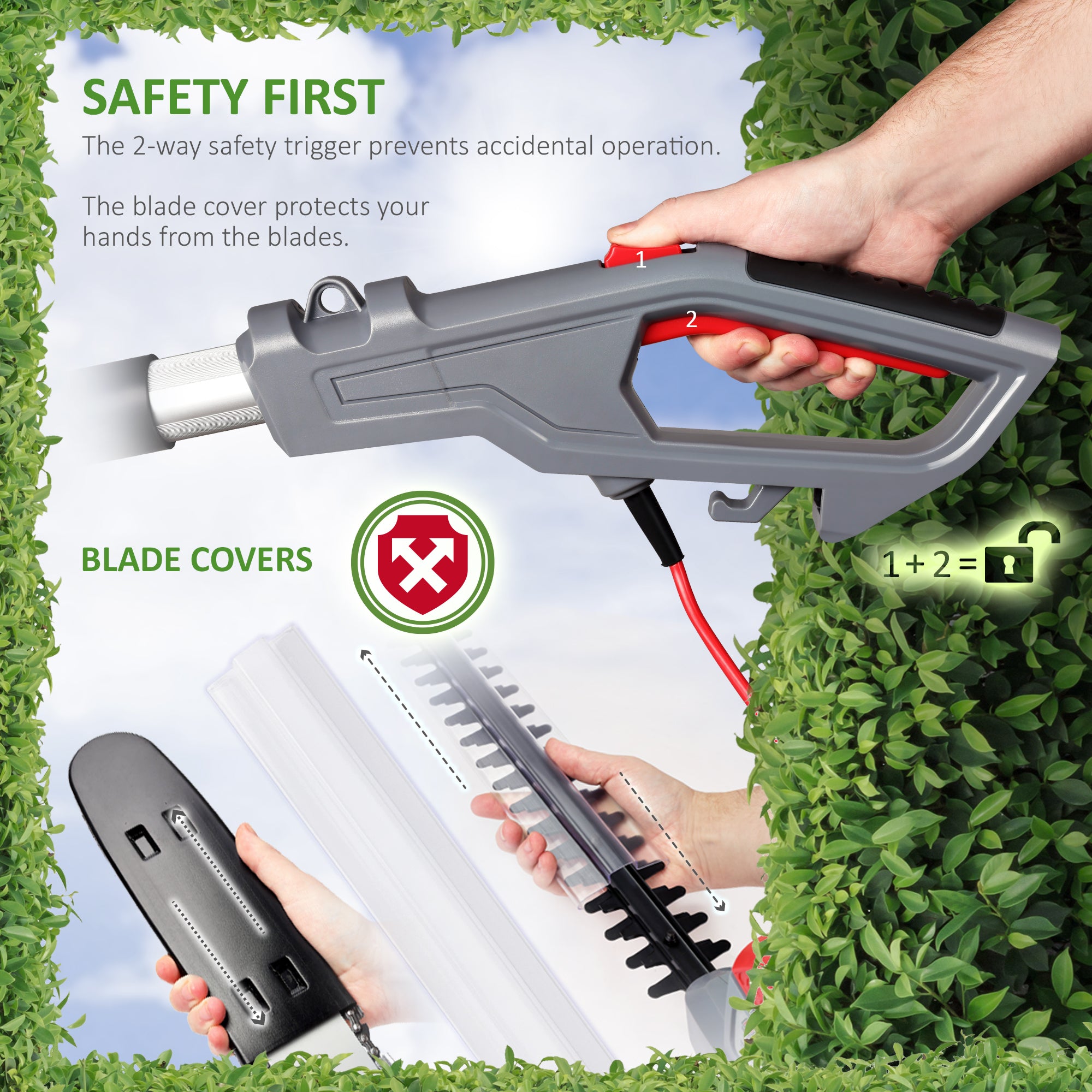 NETTA 2 in 1 Pole Long Reach Hedge Timmer and Chainsaw 710W with Extendable 2.7m Telescopic, Adjustable Head and 10m Cable