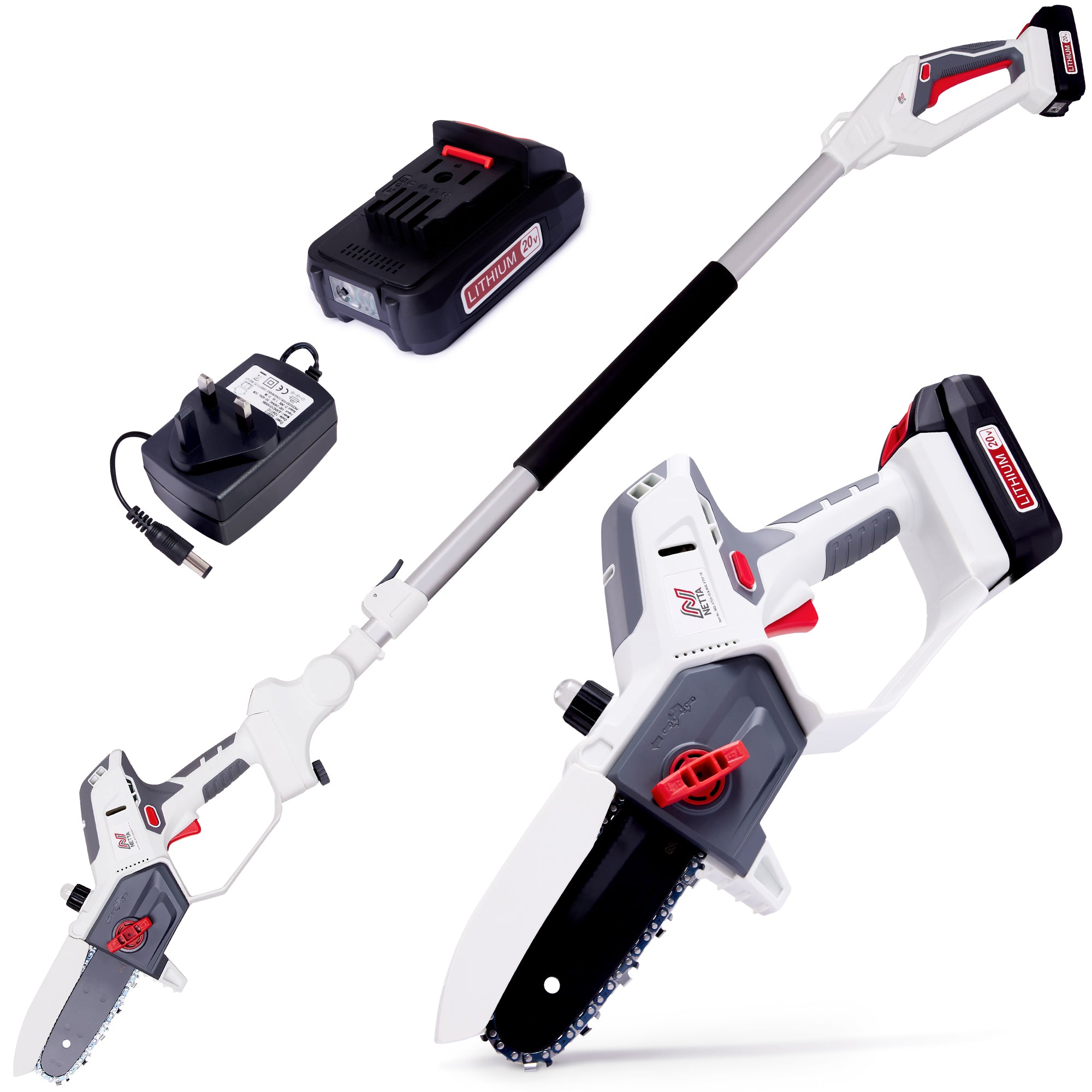 NETTA Cordless 2 in 1 Pole & Handheld Garden Chainsaw, 20V MAX, Battery & Charger Included, 2.2m Long Reach Telescopic Pole