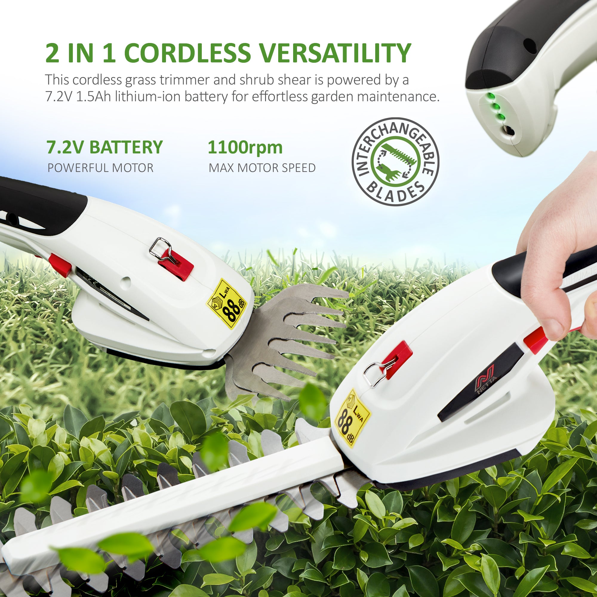 NETTA 2in1 Grass Shear Hedge Trimmer with 7.2V 1500mAh Battery, Edging and Shrub Shear, Garden Cutting Edge Trimmer, Pruner