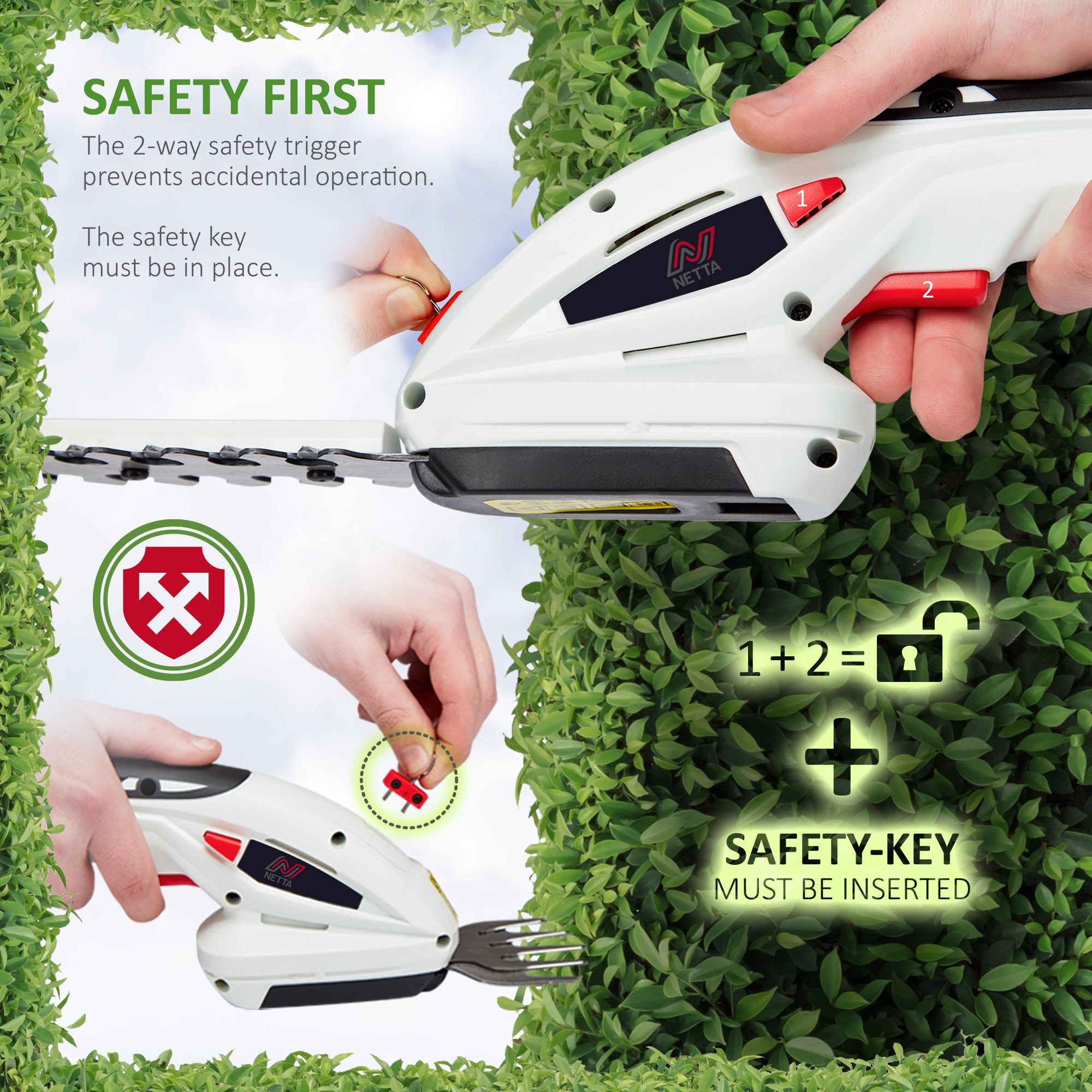 NETTA 2in1 Grass Shear Hedge Trimmer with 7.2V 1500mAh Battery, Edging and Shrub Shear, Garden Cutting Edge Trimmer, Pruner
