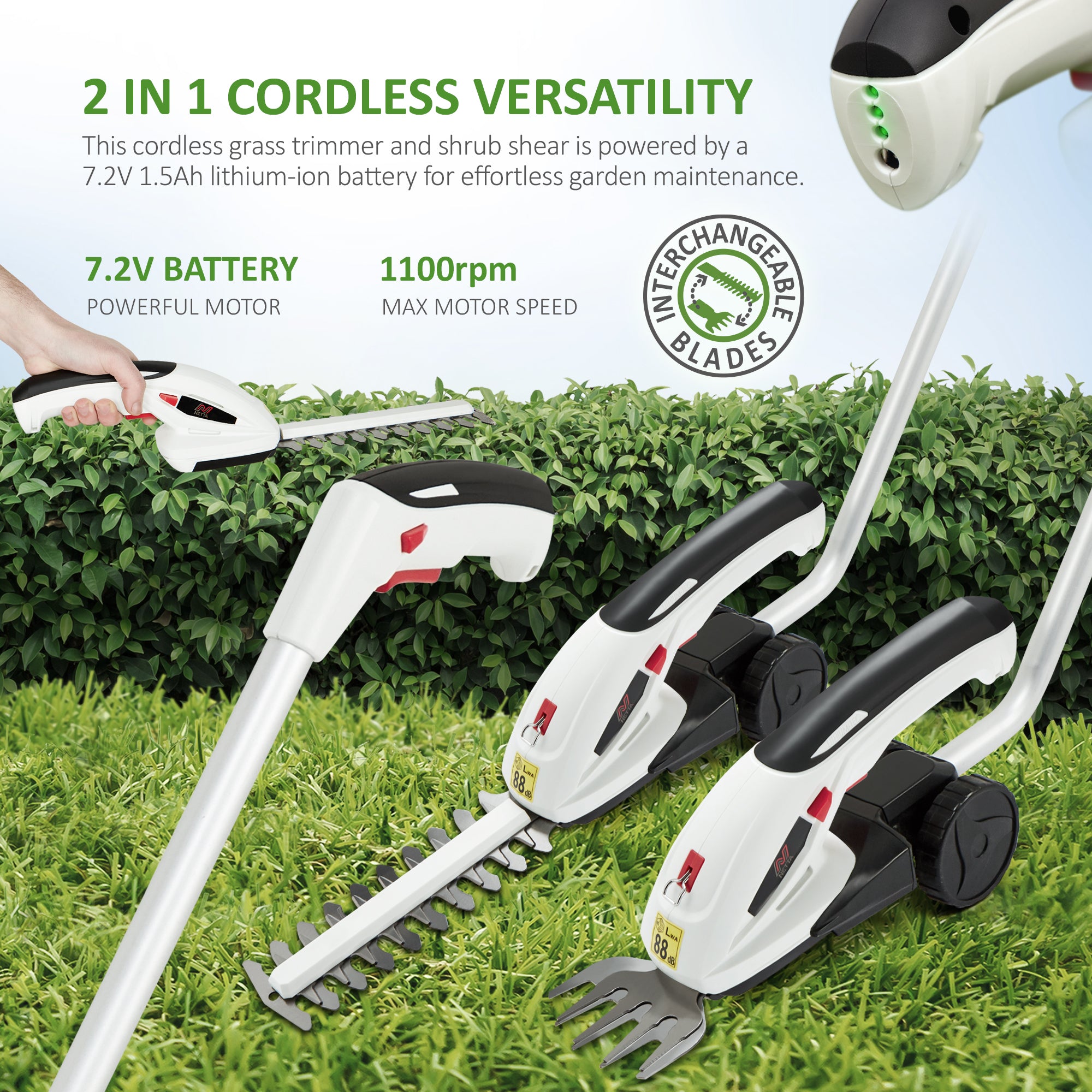 NETTA 7.2V Cordless 2 in 1 Lithium-Ion Grass and Hedge Trimmer, Edging and Shrub Shear, With Telescopic Pole Handle