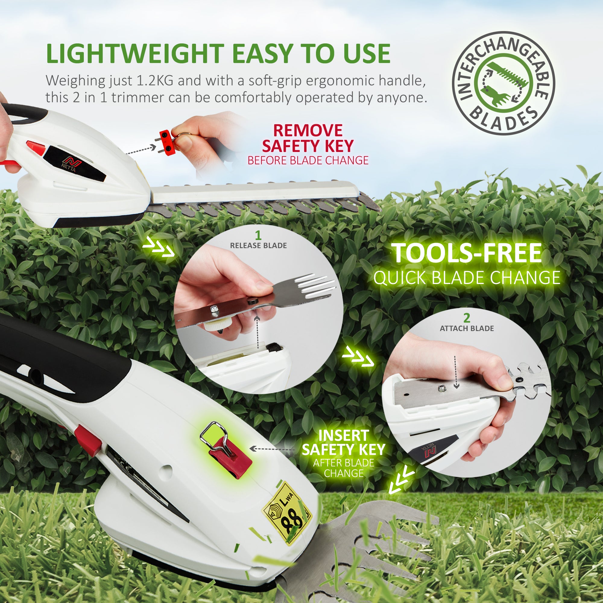 NETTA 7.2V Cordless 2 in 1 Lithium-Ion Grass and Hedge Trimmer, Edging and Shrub Shear, With Telescopic Pole Handle