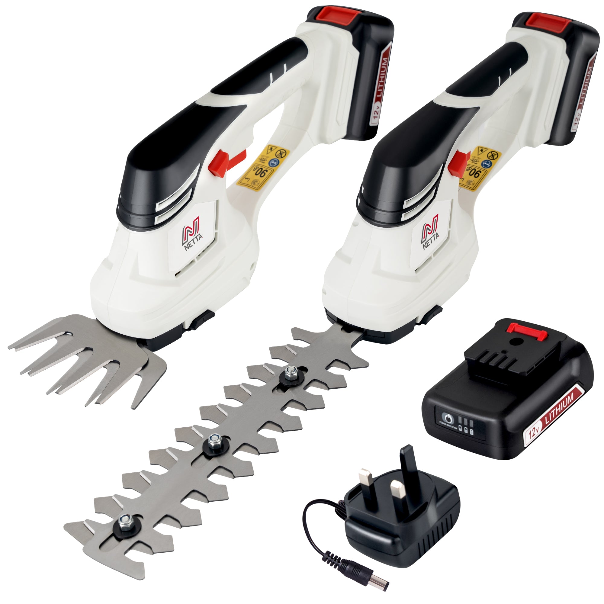 NETTA 2in1 Grass Shear & Hedge Trimmer with 12V Rechargeable 1500mAh Lithium-Ion Battery