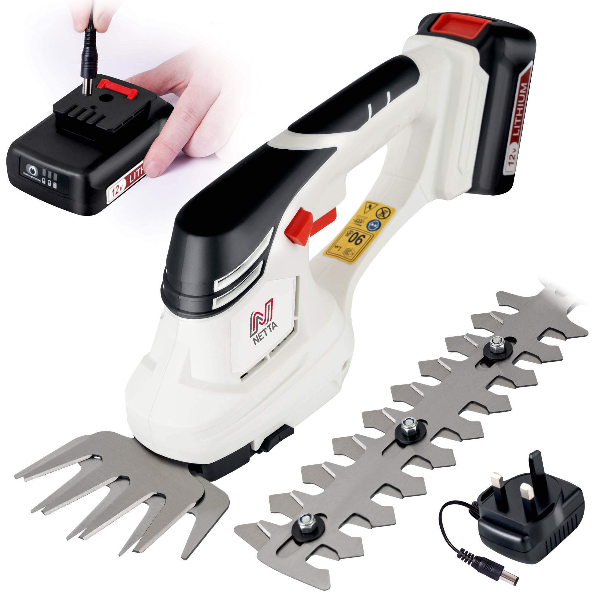 NETTA 2in1 Grass Shear & Hedge Trimmer with 12V Rechargeable 1500mAh Lithium-Ion Battery
