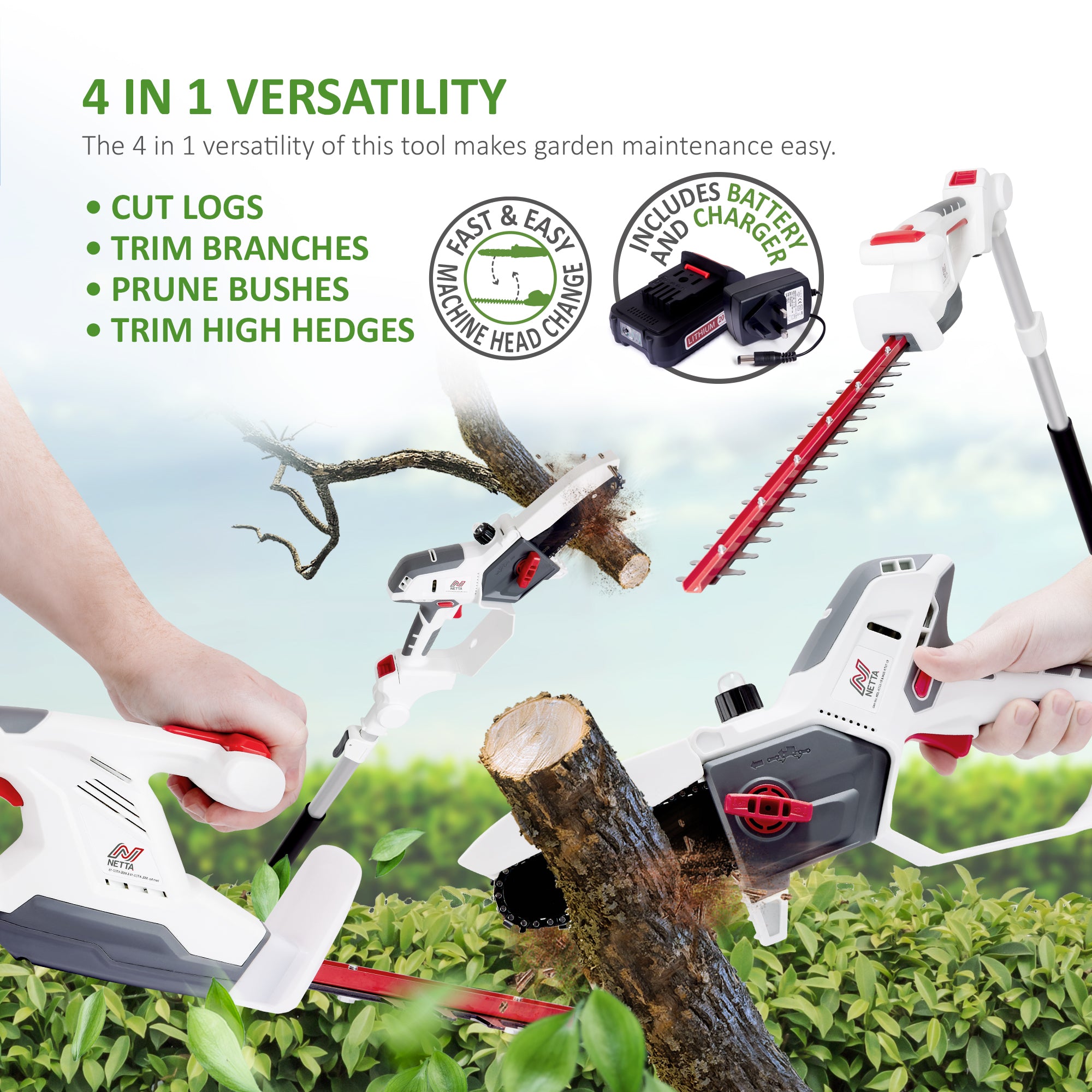 NETTA Cordless 4 in 1 Pole & Handheld Hedge Trimmer and Chainsaw, 20V MAX, Battery & Charger Included, 2.5m Long Reach Telescopic