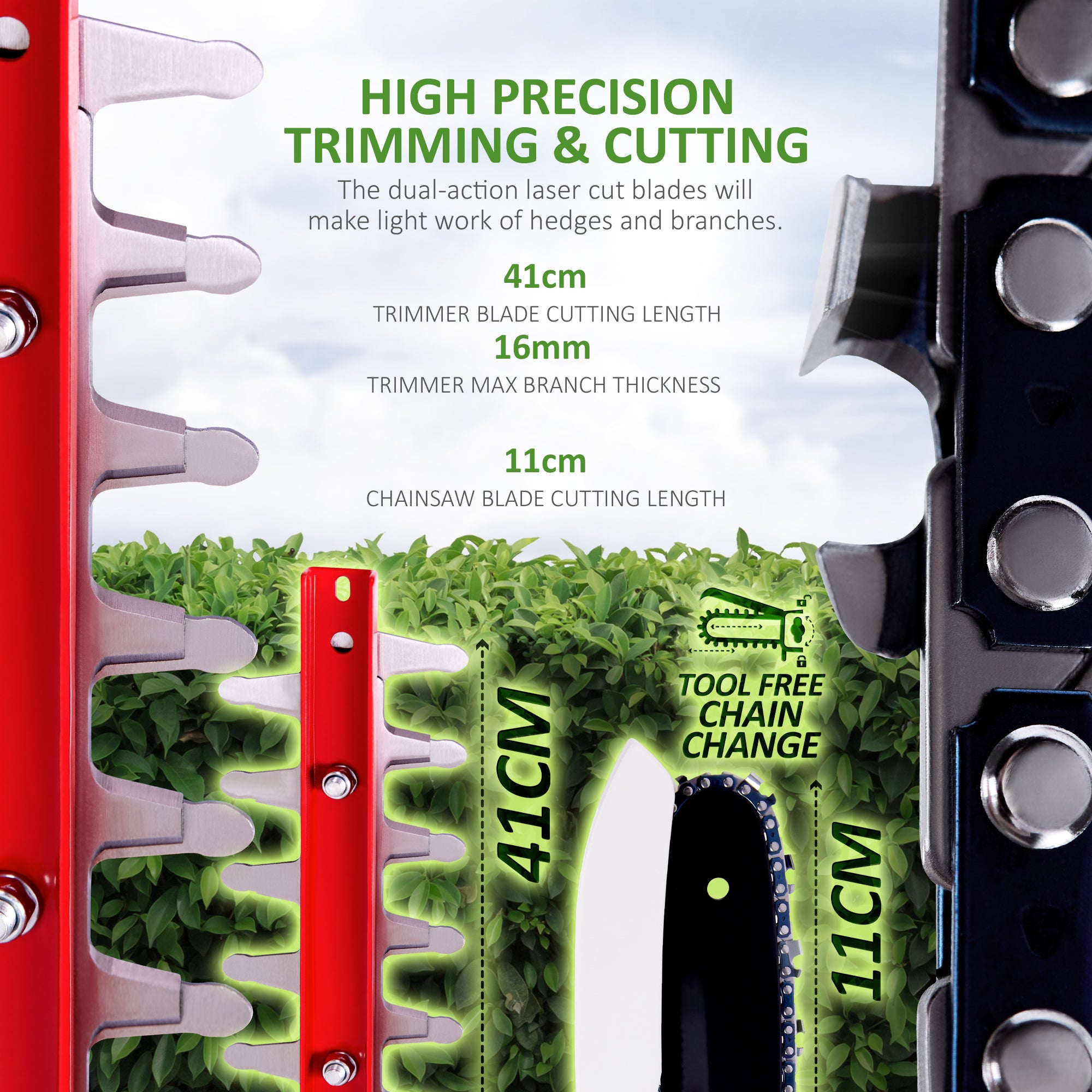 NETTA Cordless 4 in 1 Pole & Handheld Hedge Trimmer and Chainsaw, 20V MAX, Battery & Charger Included, 2.5m Long Reach Telescopic