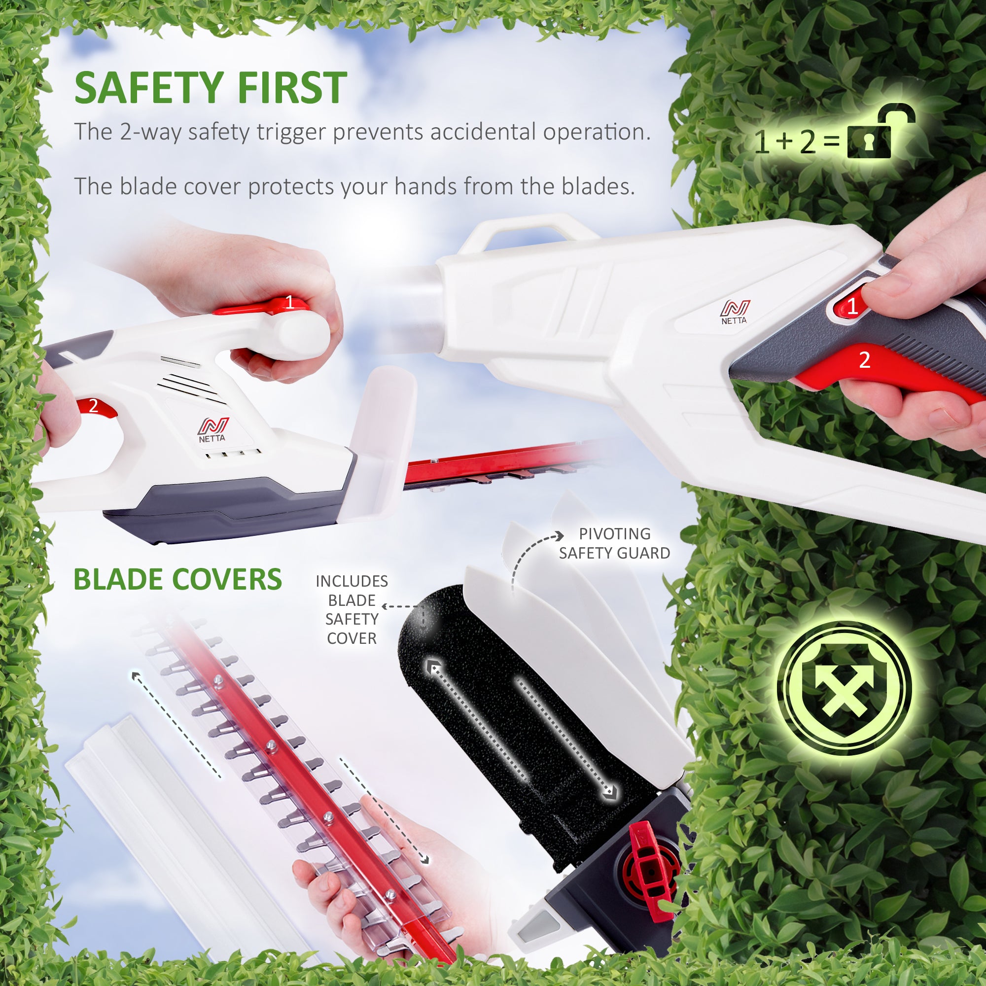 NETTA Cordless 4 in 1 Pole & Handheld Hedge Trimmer and Chainsaw, 20V MAX, Battery & Charger Included, 2.5m Long Reach Telescopic