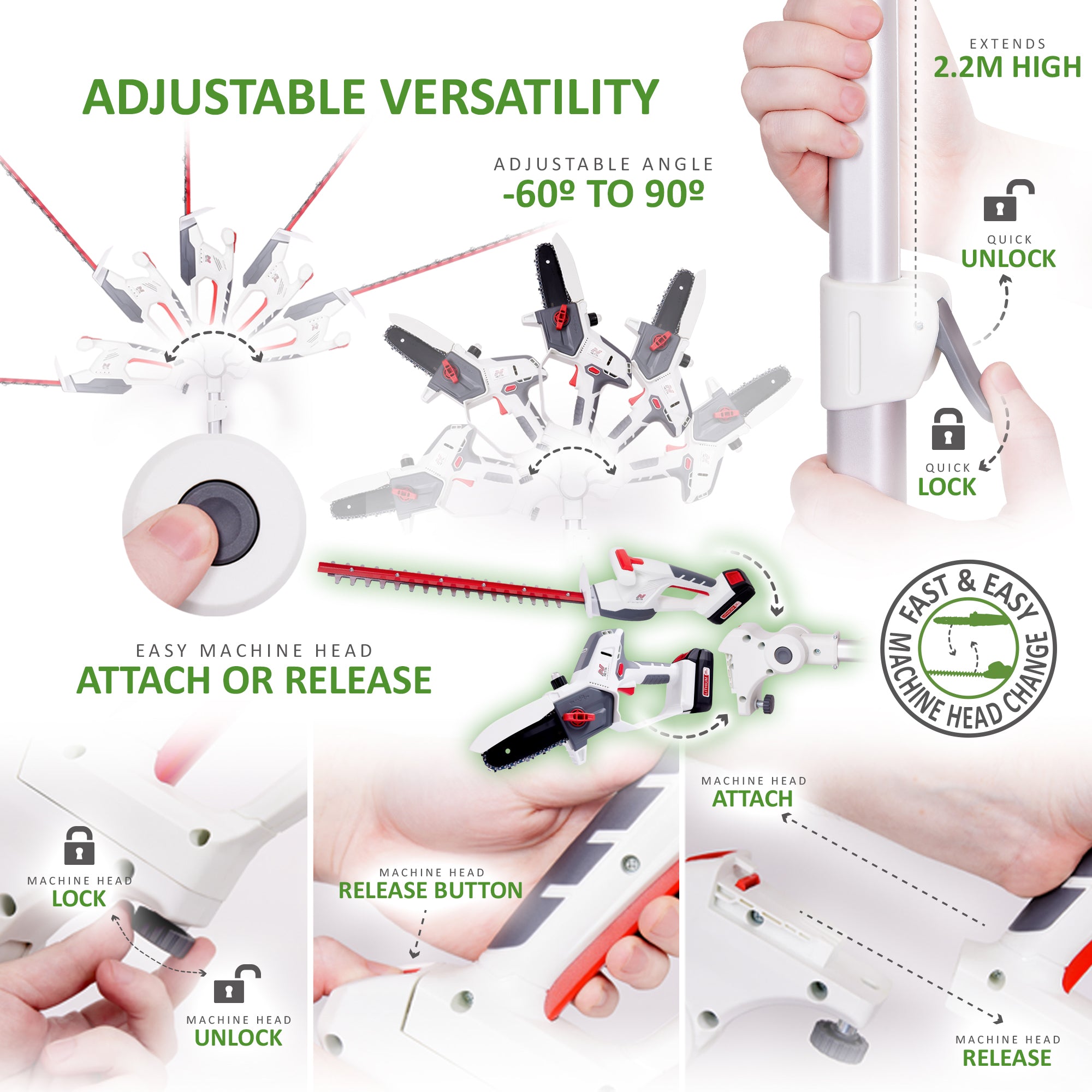 NETTA Cordless 4 in 1 Pole & Handheld Hedge Trimmer and Chainsaw, 20V MAX, Battery & Charger Included, 2.5m Long Reach Telescopic