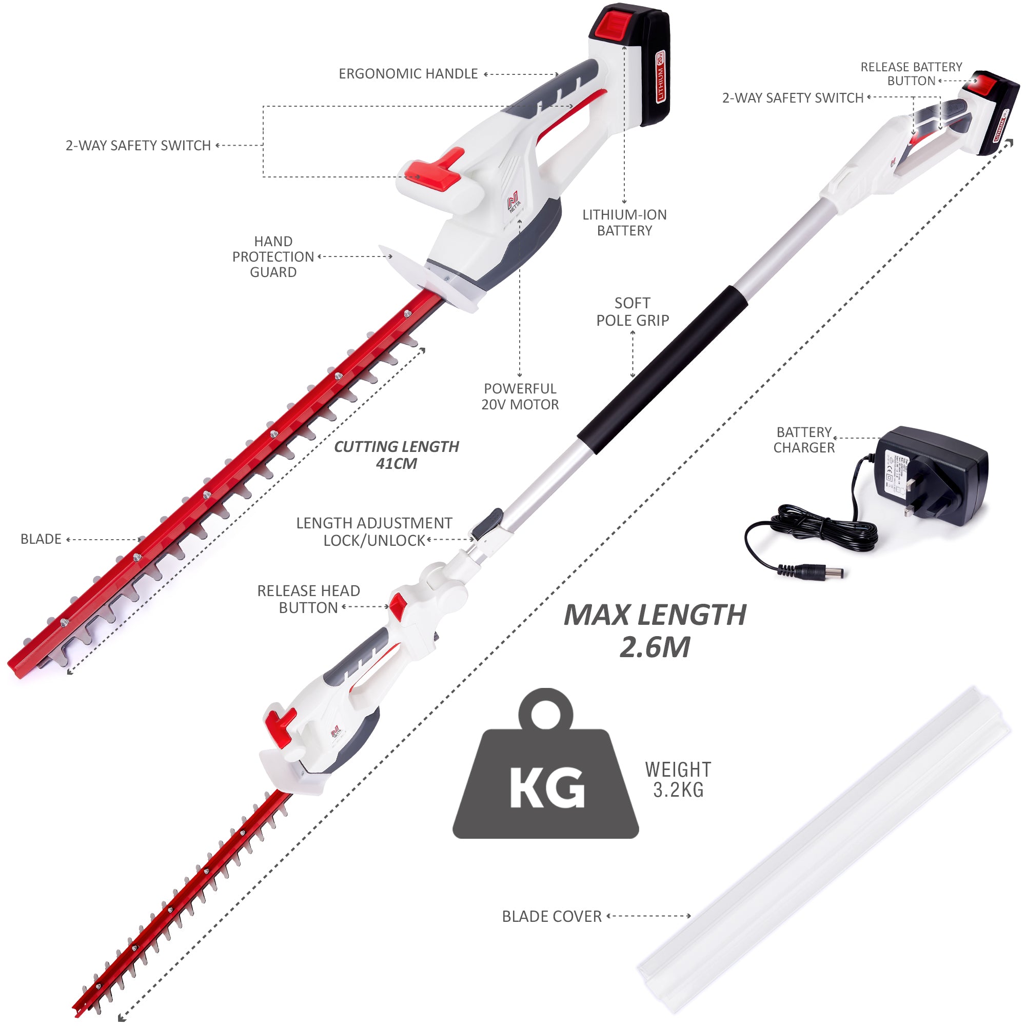 NETTA Cordless 4 in 1 Pole & Handheld Hedge Trimmer and Chainsaw, 20V MAX, Battery & Charger Included, 2.5m Long Reach Telescopic