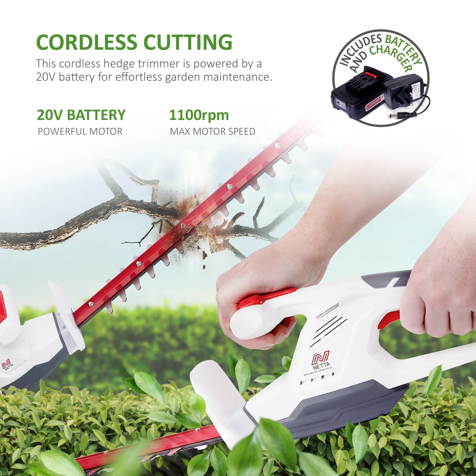 NETTA Cordless Hedge Trimmer Cutter 20V MAX Ultra Light 2.15KG, Battery & Charger Included, 410mm Laser Blade