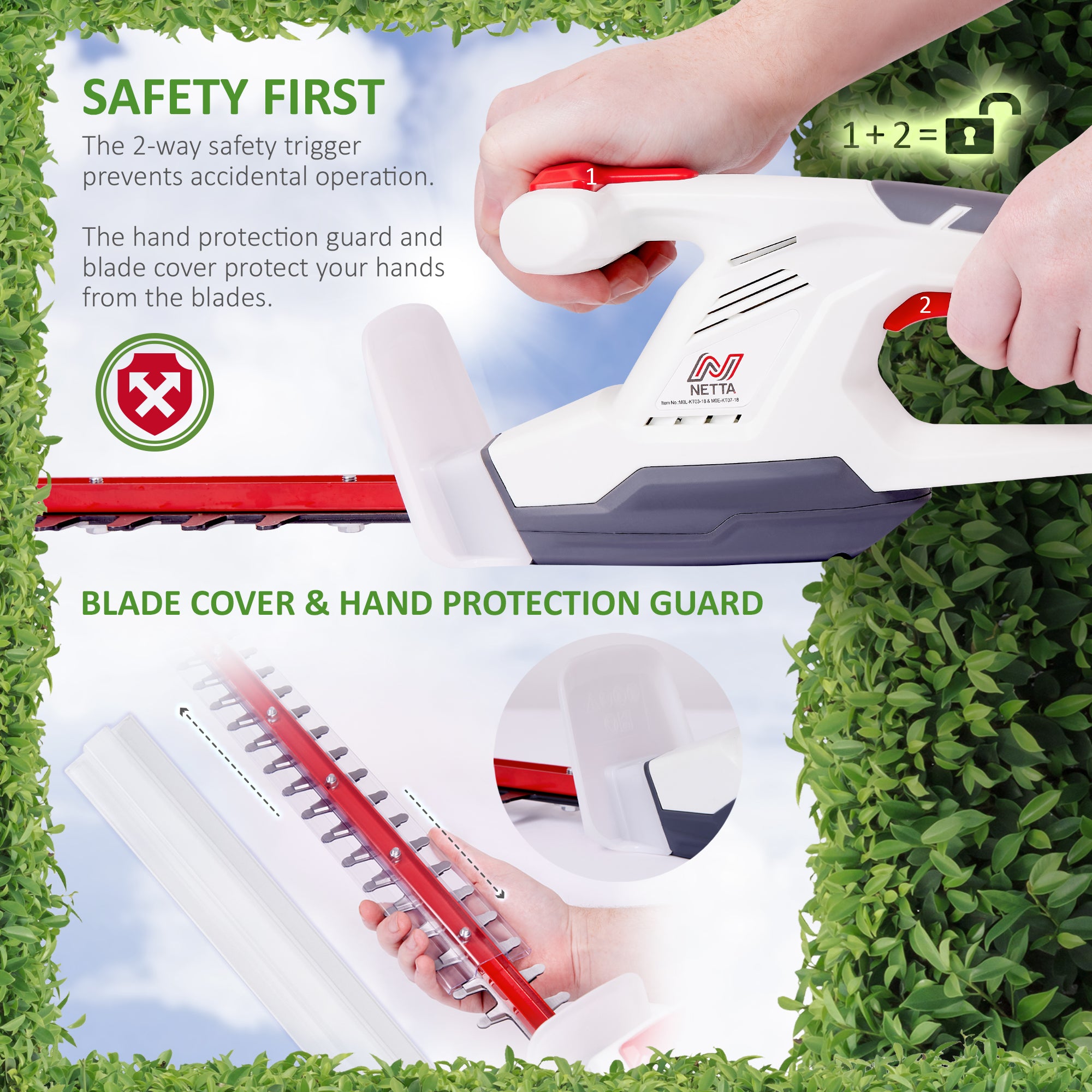 NETTA Cordless Hedge Trimmer Cutter 20V MAX Ultra Light 2.15KG, Battery & Charger Included, 410mm Laser Blade