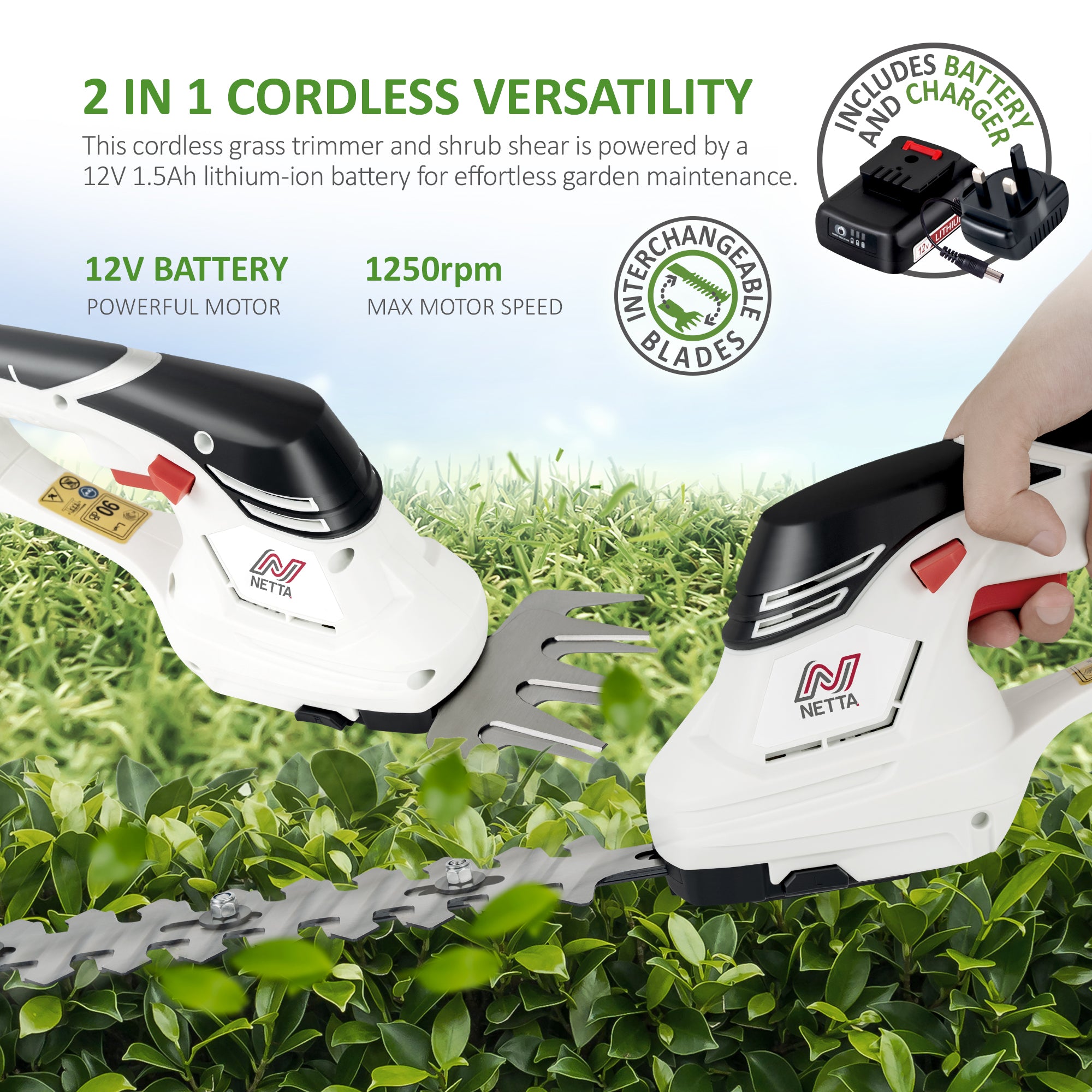 NETTA 2in1 Grass Shear & Hedge Trimmer with 12V Rechargeable 1500mAh Lithium-Ion Battery