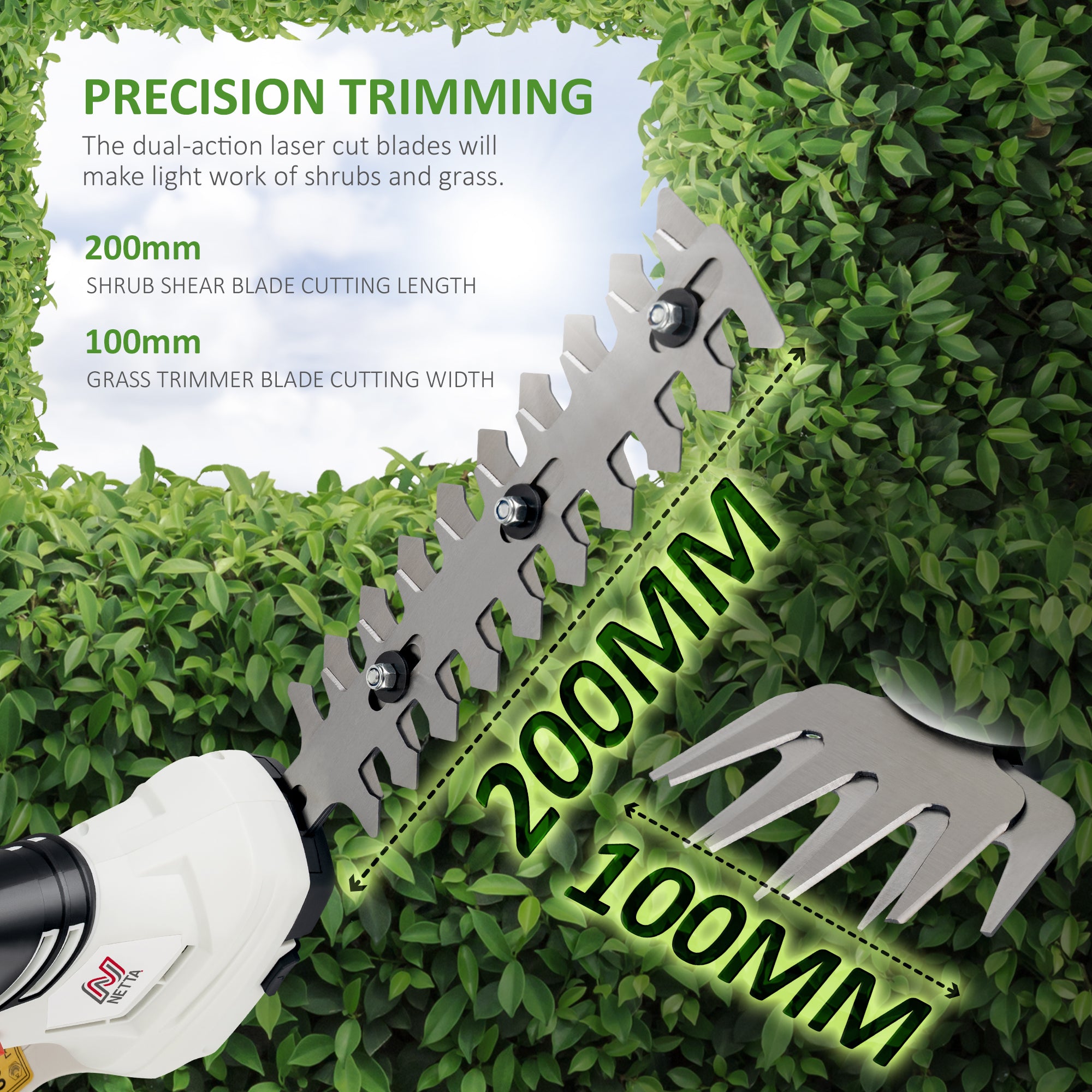 NETTA 2in1 Grass Shear & Hedge Trimmer with 12V Rechargeable 1500mAh Lithium-Ion Battery