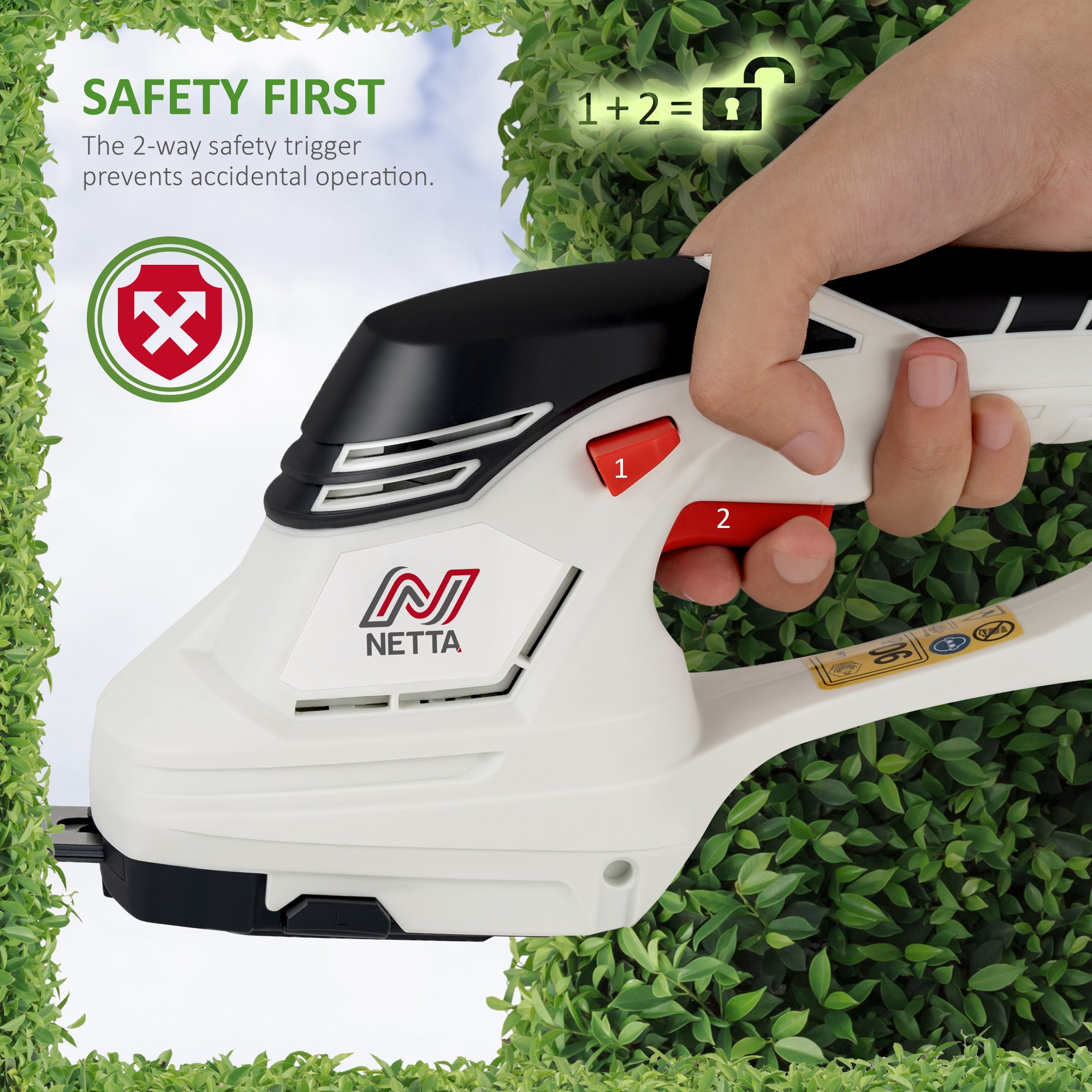 NETTA 12V Cordless 2-in-1 Hedge Trimmer & Grass Shear – Handheld, Lithium-Ion Battery, Lawn Edging & Shrub Cutter