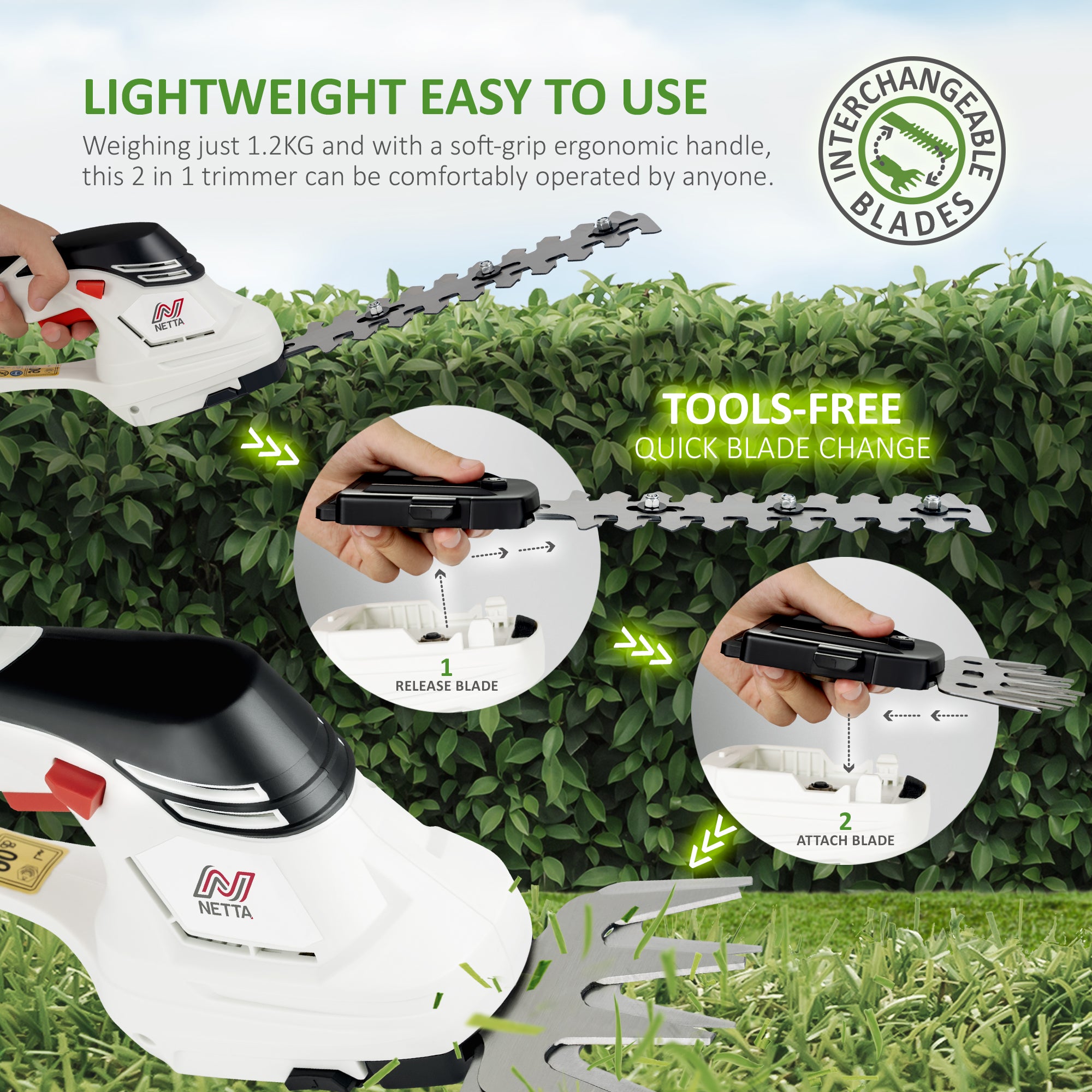 NETTA 2in1 Grass Shear & Hedge Trimmer with 12V Rechargeable 1500mAh Lithium-Ion Battery
