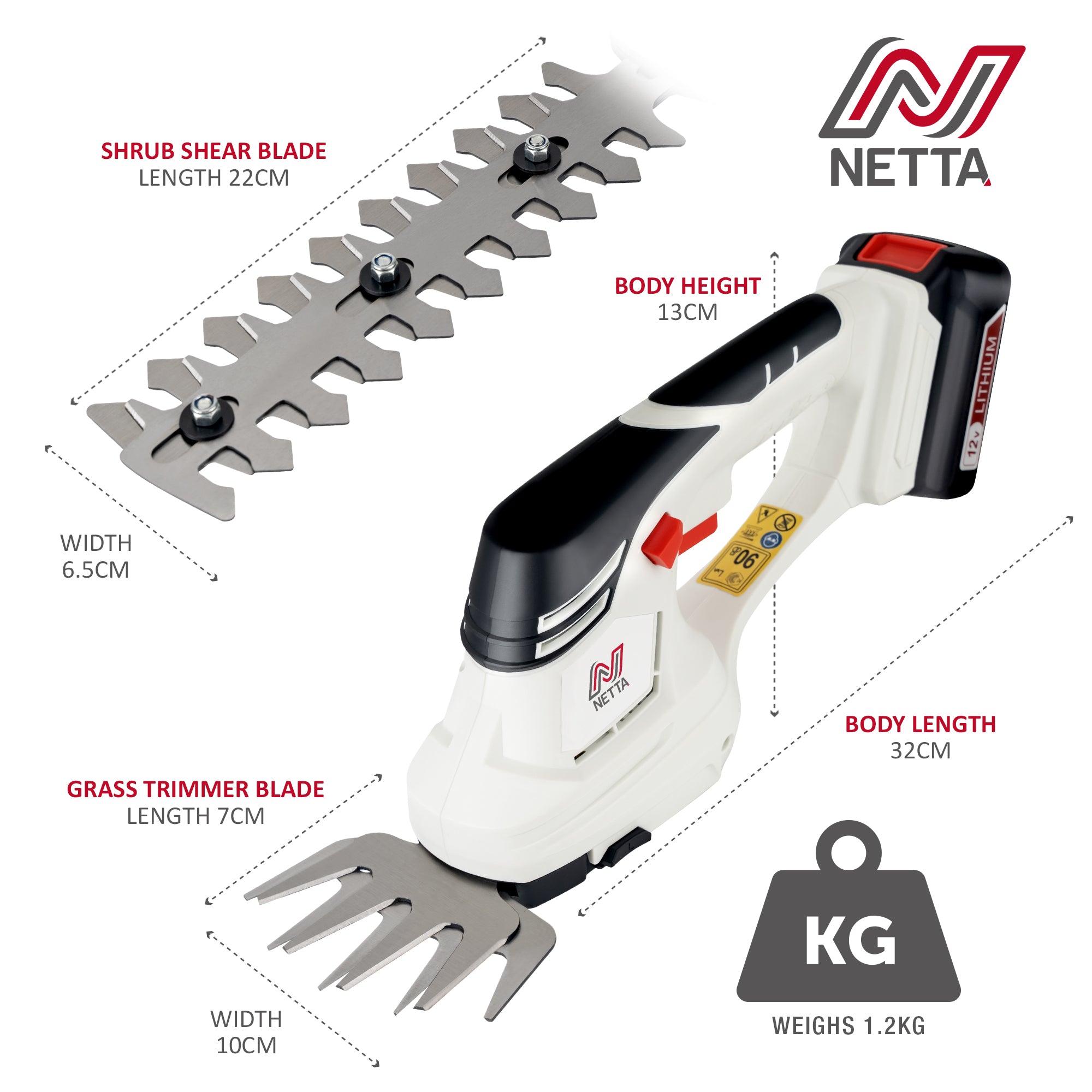 NETTA 2in1 Grass Shear & Hedge Trimmer with 12V Rechargeable 1500mAh Lithium-Ion Battery